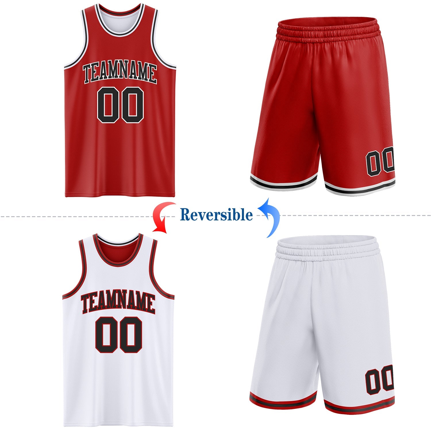 Custom Red Black-White Reversible Double Side Sublimation Basketball Set Jersey view 2