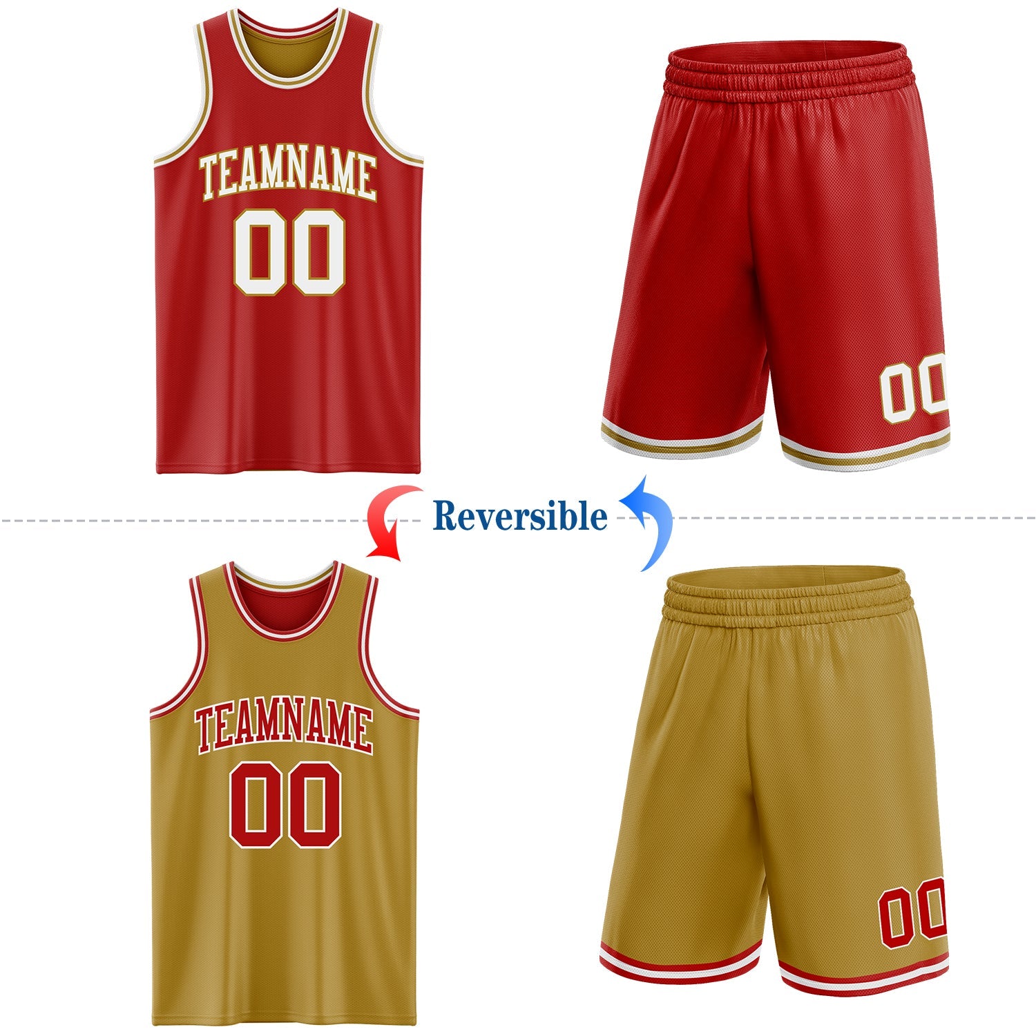 Custom Red White-Old Gold Reversible Double Side Sublimation Basketball Set Jersey view 2