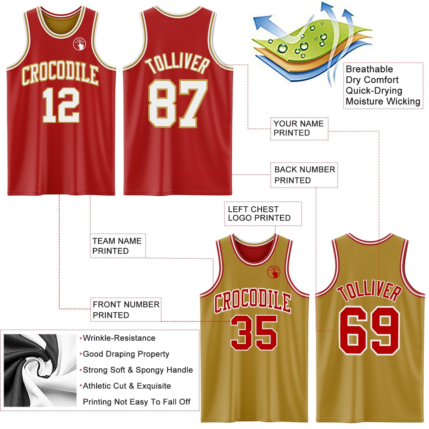 Custom Red White-Old Gold Reversible Double Side Sublimation Basketball Set Jersey view 5