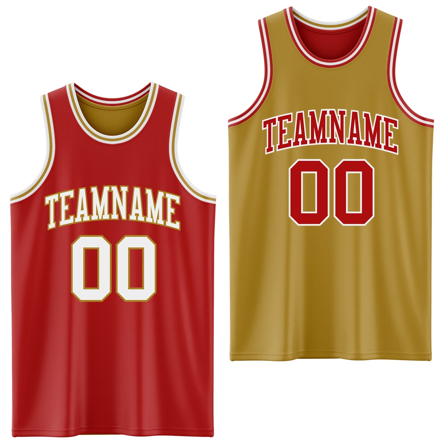 Custom Red White-Old Gold Reversible Double Side Sublimation Basketball Set Jersey - Main View