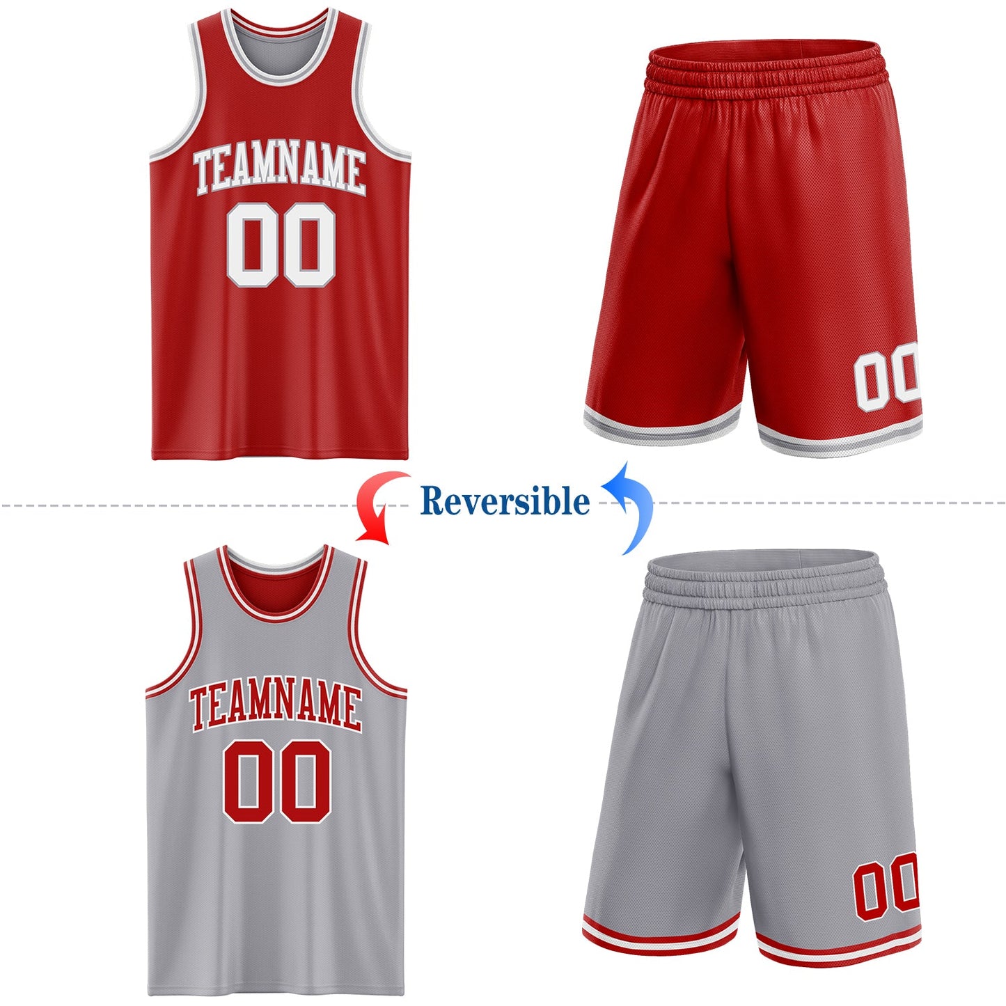Custom Red White-Gray Reversible Double Side Sublimation Basketball Set Jersey view 2