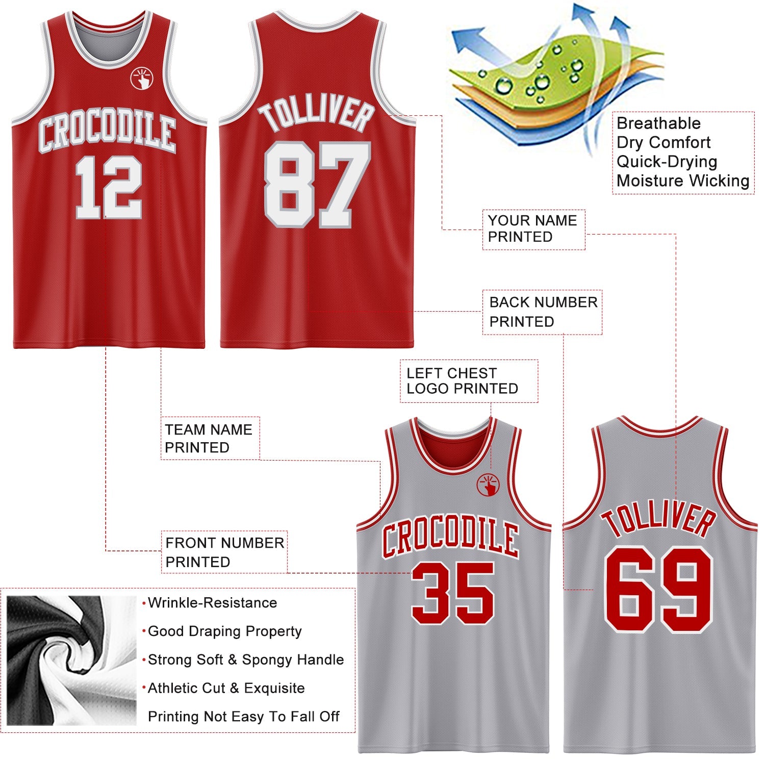 Custom Red White-Gray Reversible Double Side Sublimation Basketball Set Jersey view 5