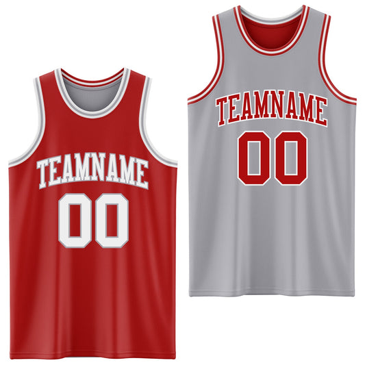 Custom Red White-Gray Reversible Double Side Sublimation Basketball Set Jersey - Main View