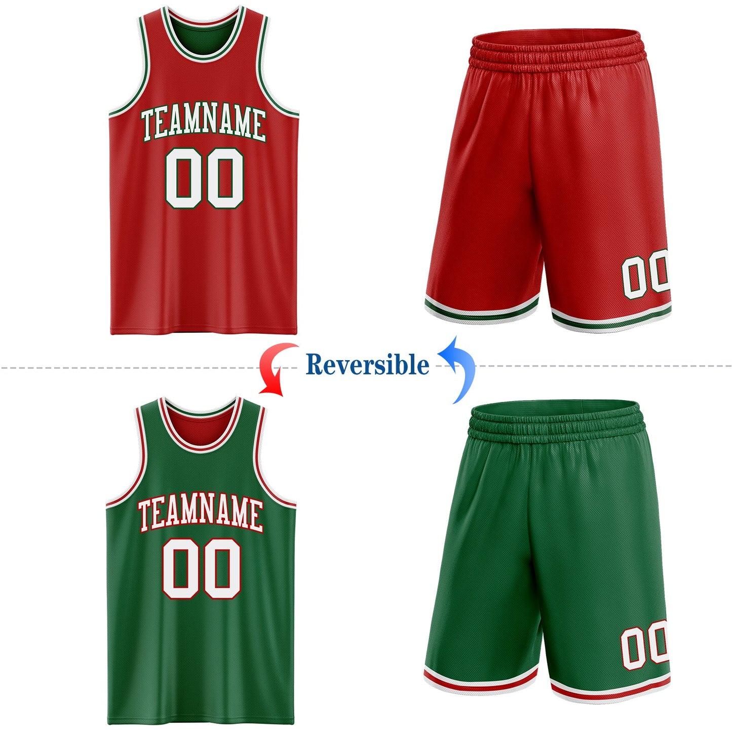 Custom Red White-Kelly Green Reversible Double Side Sublimation Basketball Set Jersey view 2