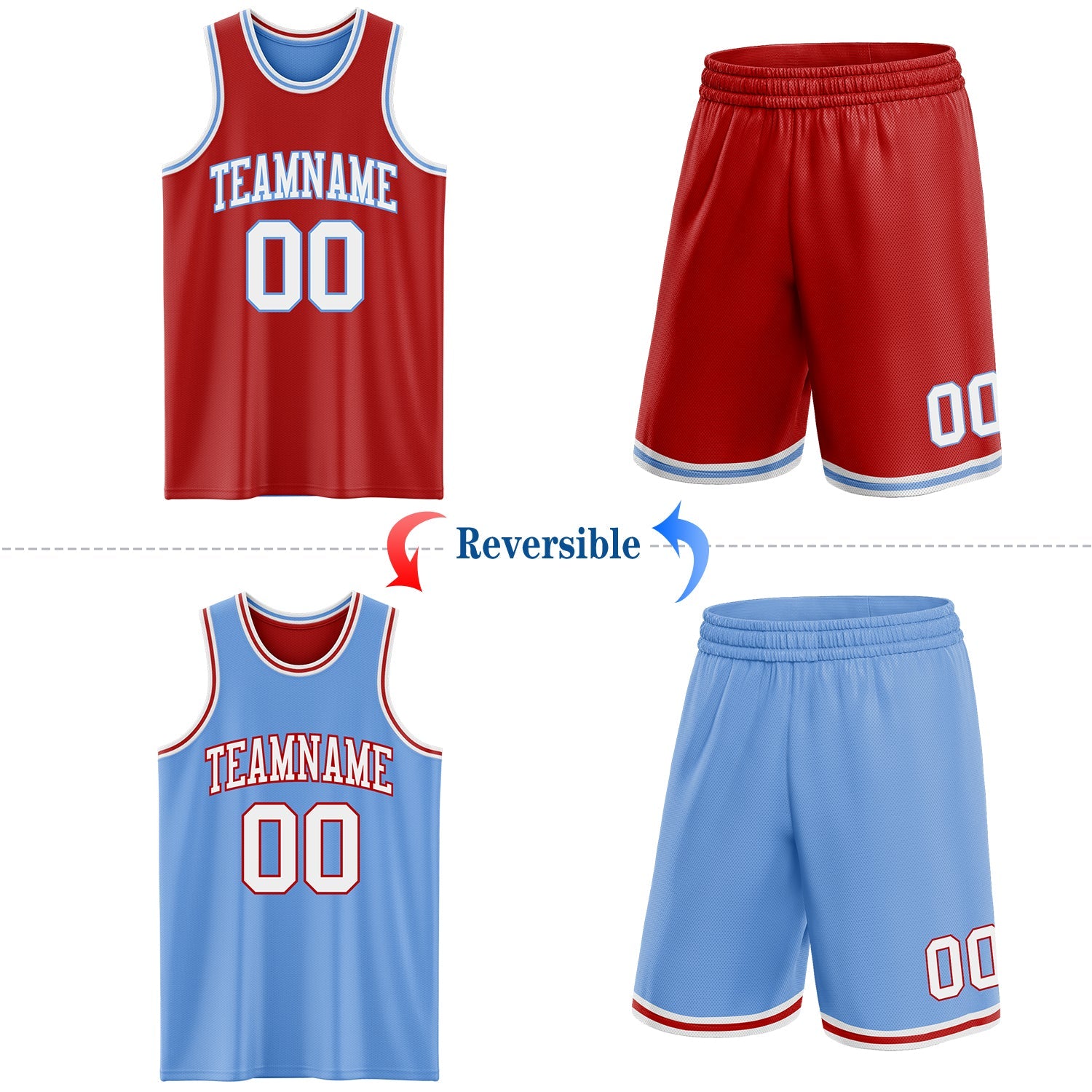 Custom Red White-Light Blue Reversible Double Side Sublimation Basketball Set Jersey view 2