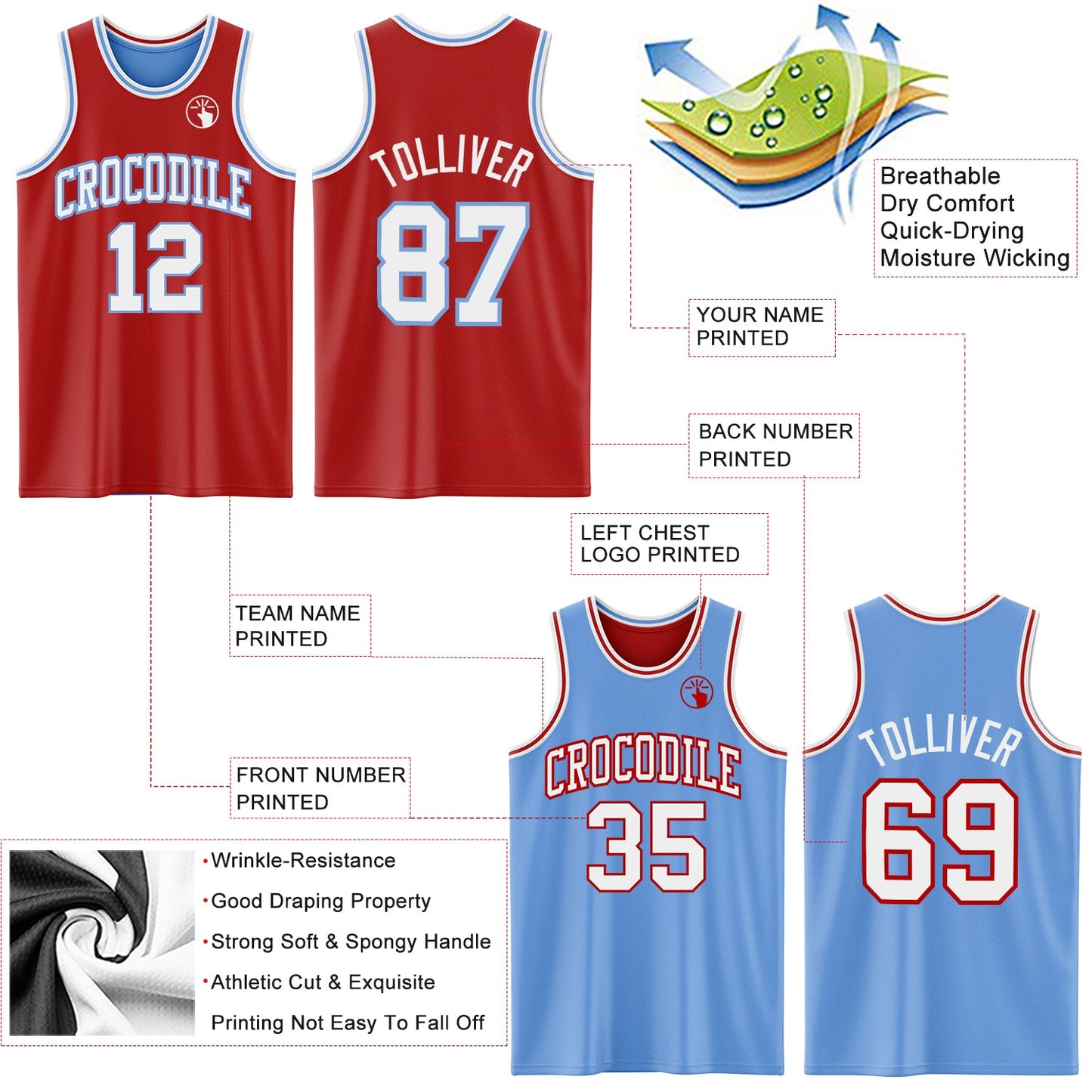 Custom Red White-Light Blue Reversible Double Side Sublimation Basketball Set Jersey view 5