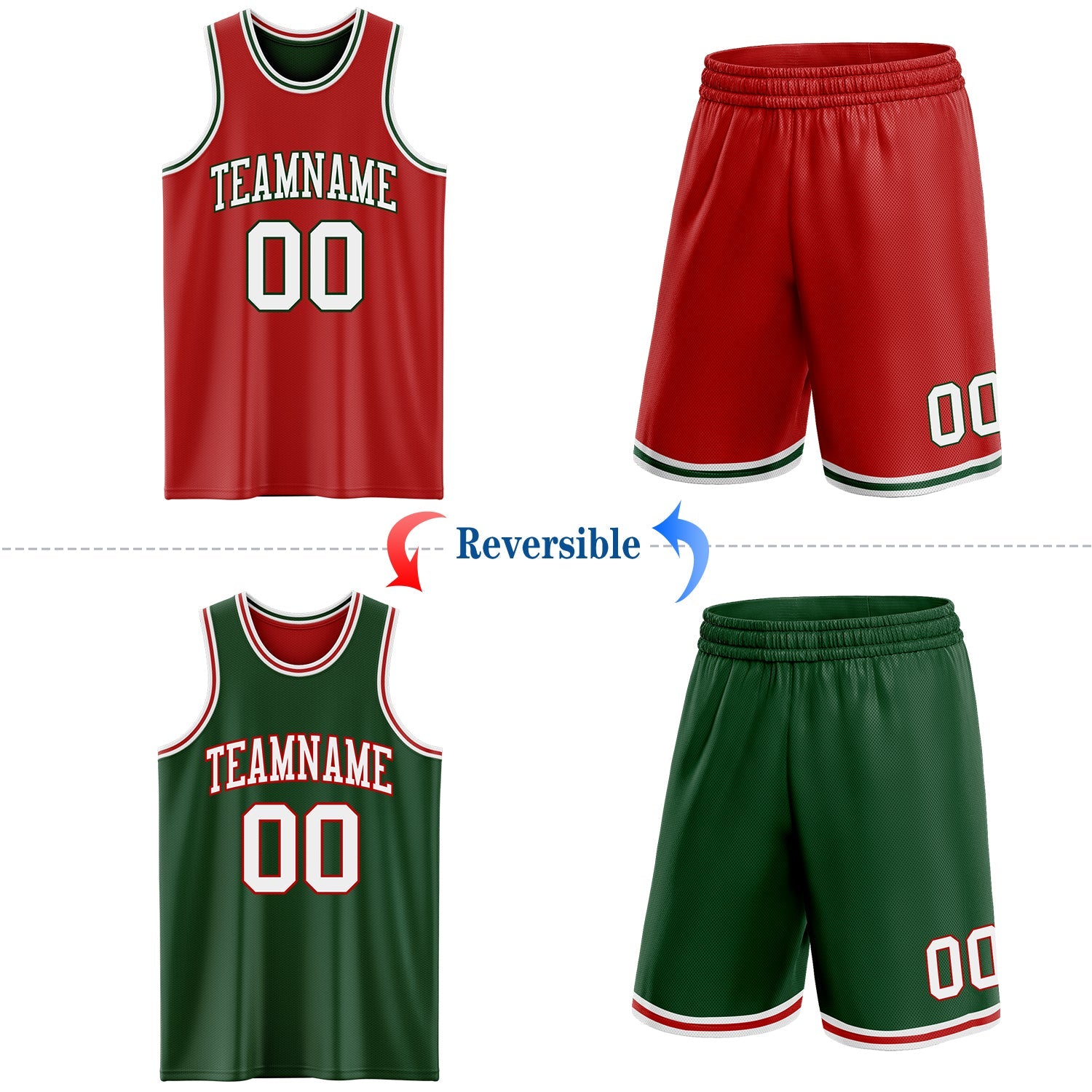 Custom Red White-Green Reversible Double Side Sublimation Basketball Set Jersey view 2