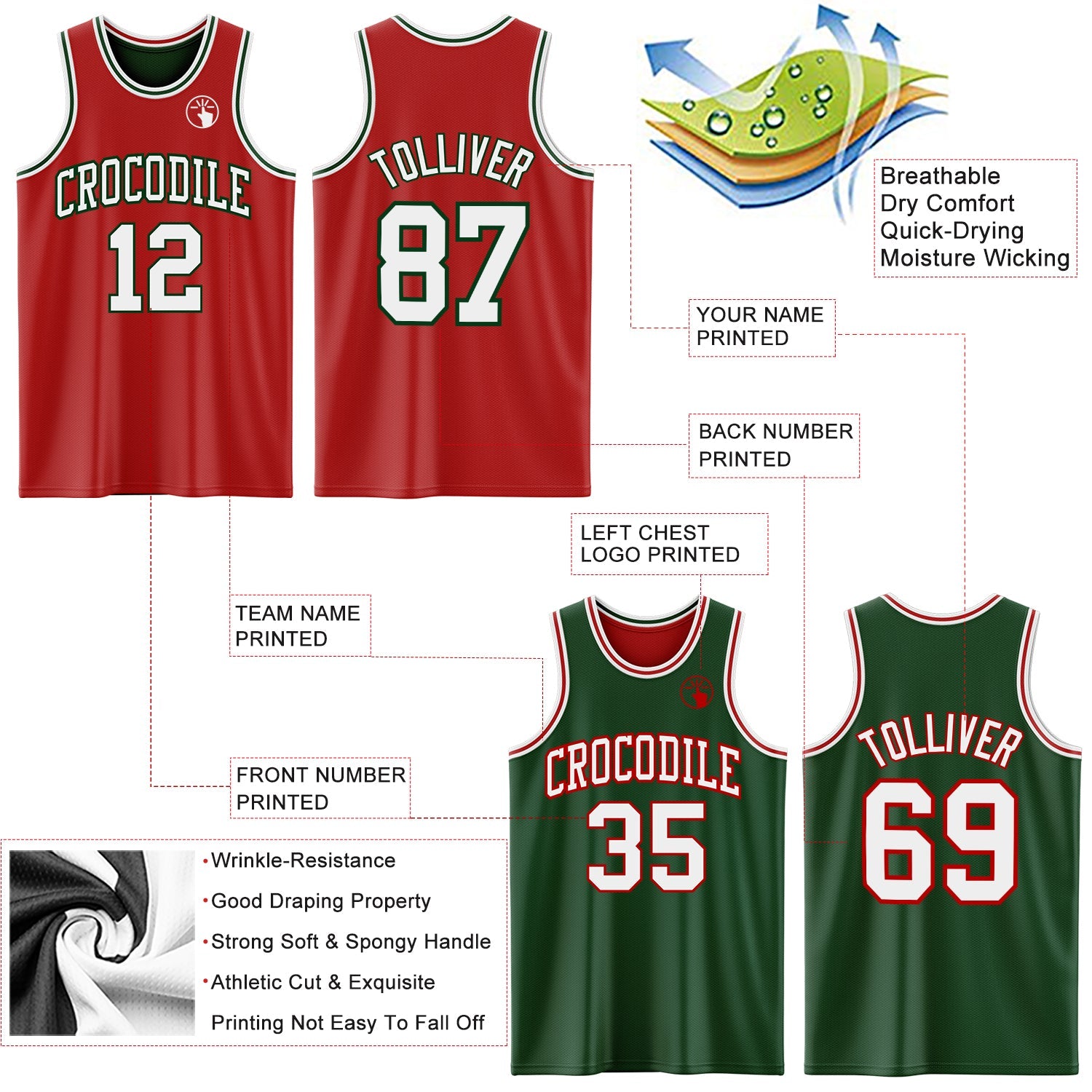 Custom Red White-Green Reversible Double Side Sublimation Basketball Set Jersey view 5