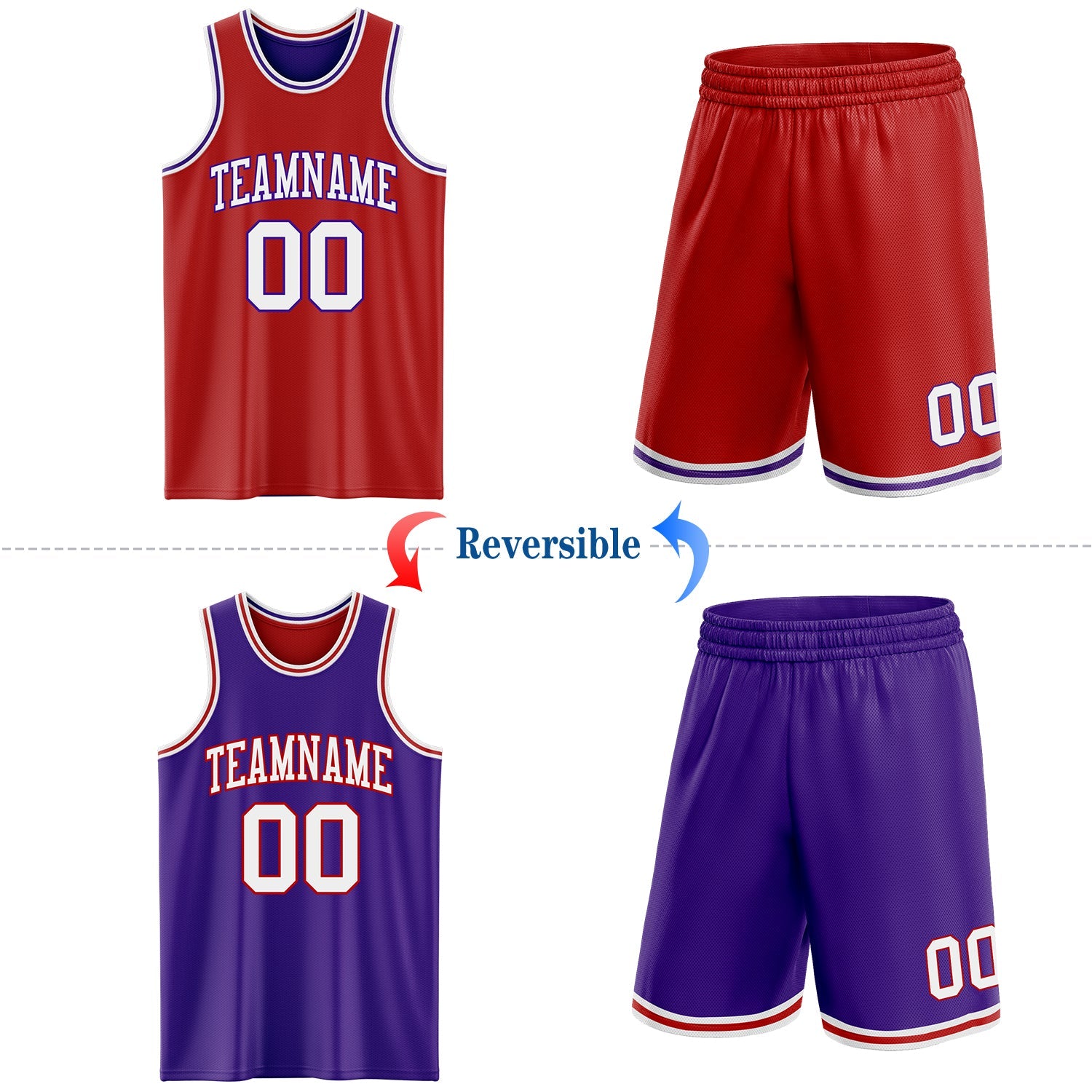 Custom Red White-Purple Reversible Double Side Sublimation Basketball Set Jersey view 2