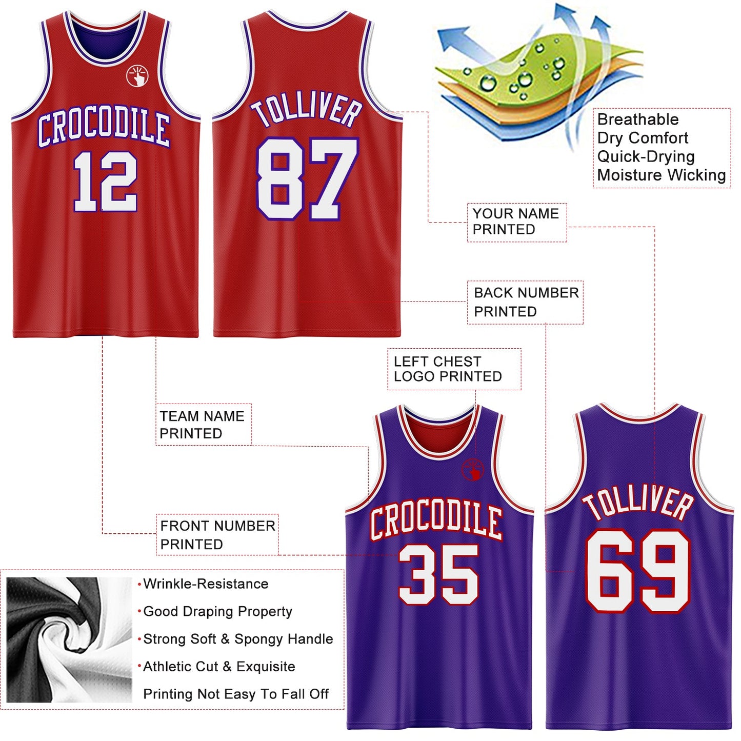 Custom Red White-Purple Reversible Double Side Sublimation Basketball Set Jersey view 5