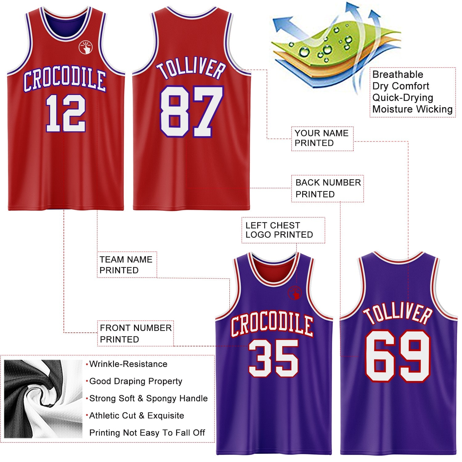 Custom Red White-Purple Reversible Double Side Sublimation Basketball Set Jersey view 5