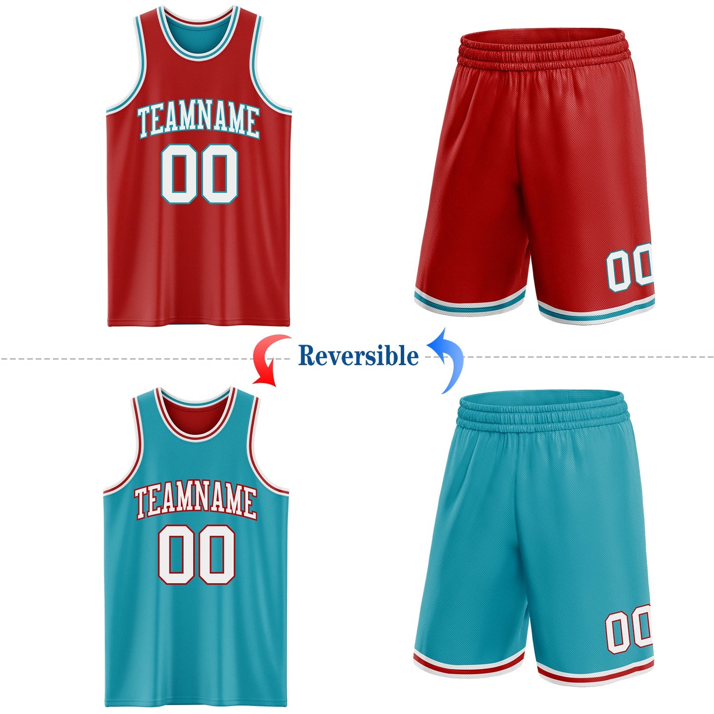 Custom Red White-Teal Reversible Double Side Sublimation Basketball Set Jersey view 2