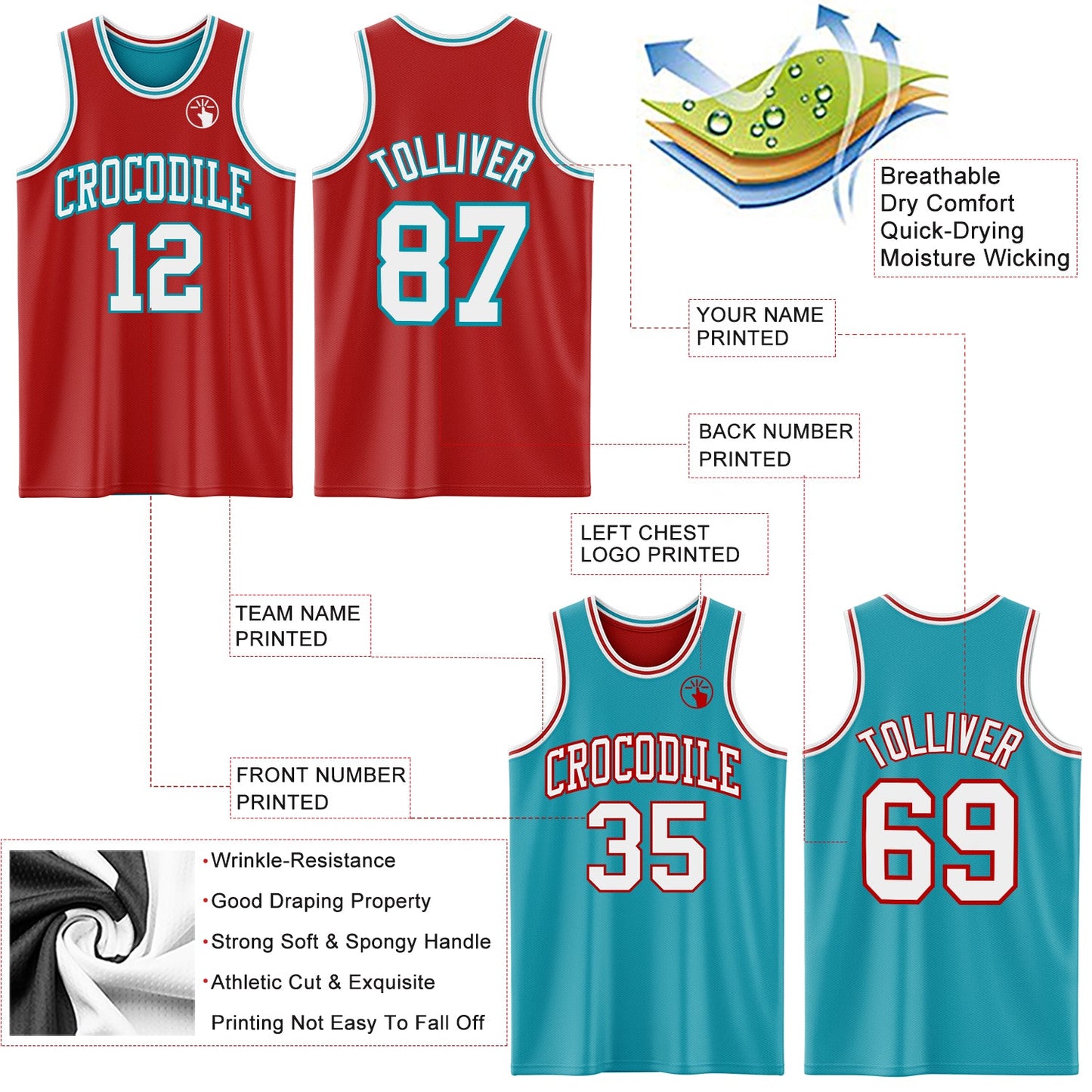 Custom Red White-Teal Reversible Double Side Sublimation Basketball Set Jersey view 5