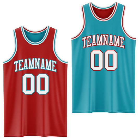 Custom Red White-Teal Reversible Double Side Sublimation Basketball Set Jersey - Main View