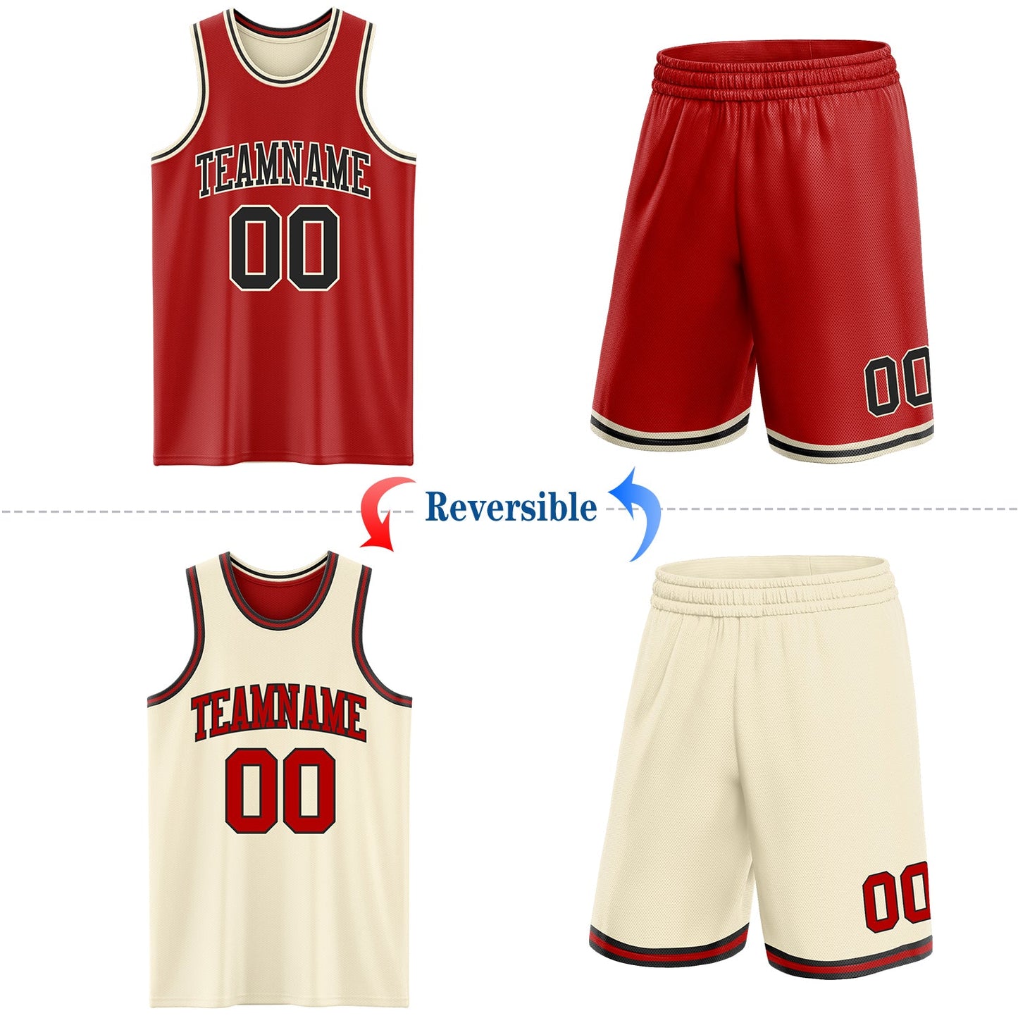 Custom Red Black-Cream Reversible Double Side Sublimation Basketball Set Jersey view 2