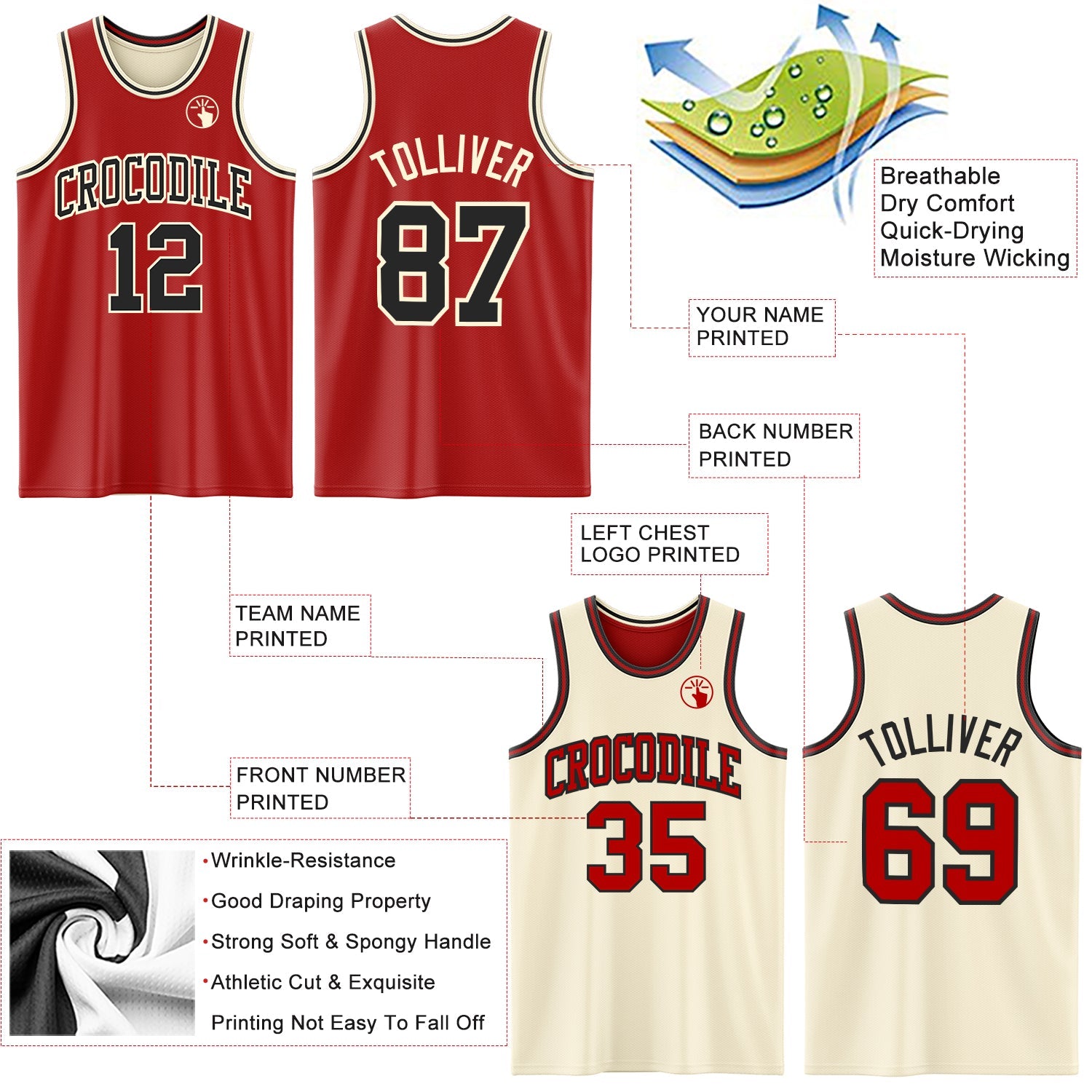 Custom Red Black-Cream Reversible Double Side Sublimation Basketball Set Jersey view 5