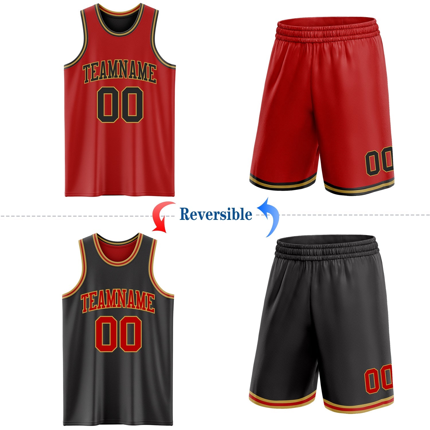 Custom Red Black-Old Gold Reversible Double Side Sublimation Basketball Set Jersey view 2