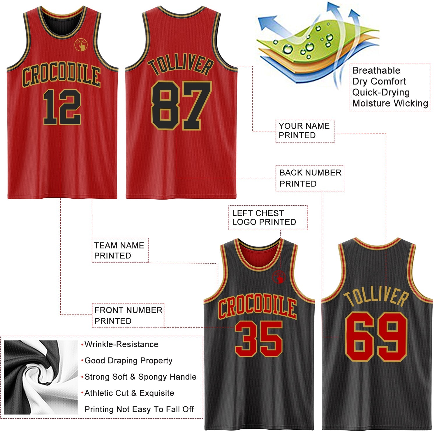 Custom Red Black-Old Gold Reversible Double Side Sublimation Basketball Set Jersey view 5