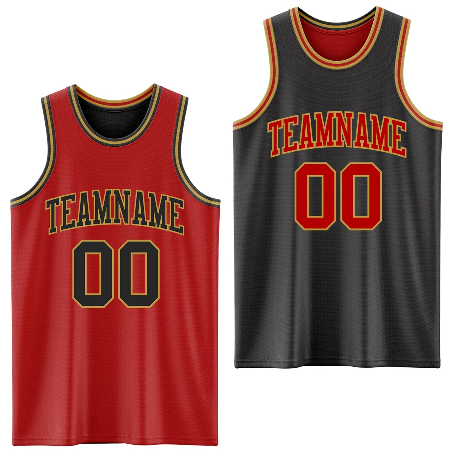 Custom Red Black-Old Gold Reversible Double Side Sublimation Basketball Set Jersey - Main View