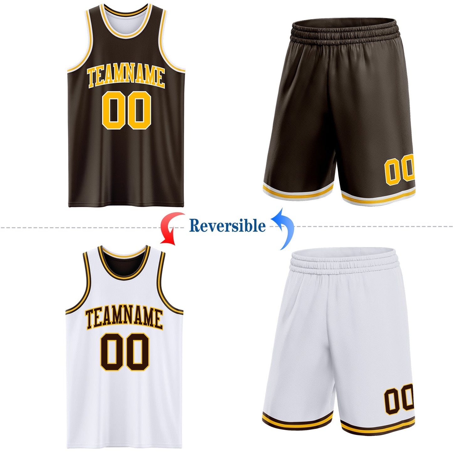Custom Brown Gold-White Reversible Double Side Sublimation Basketball Set Jersey view 2