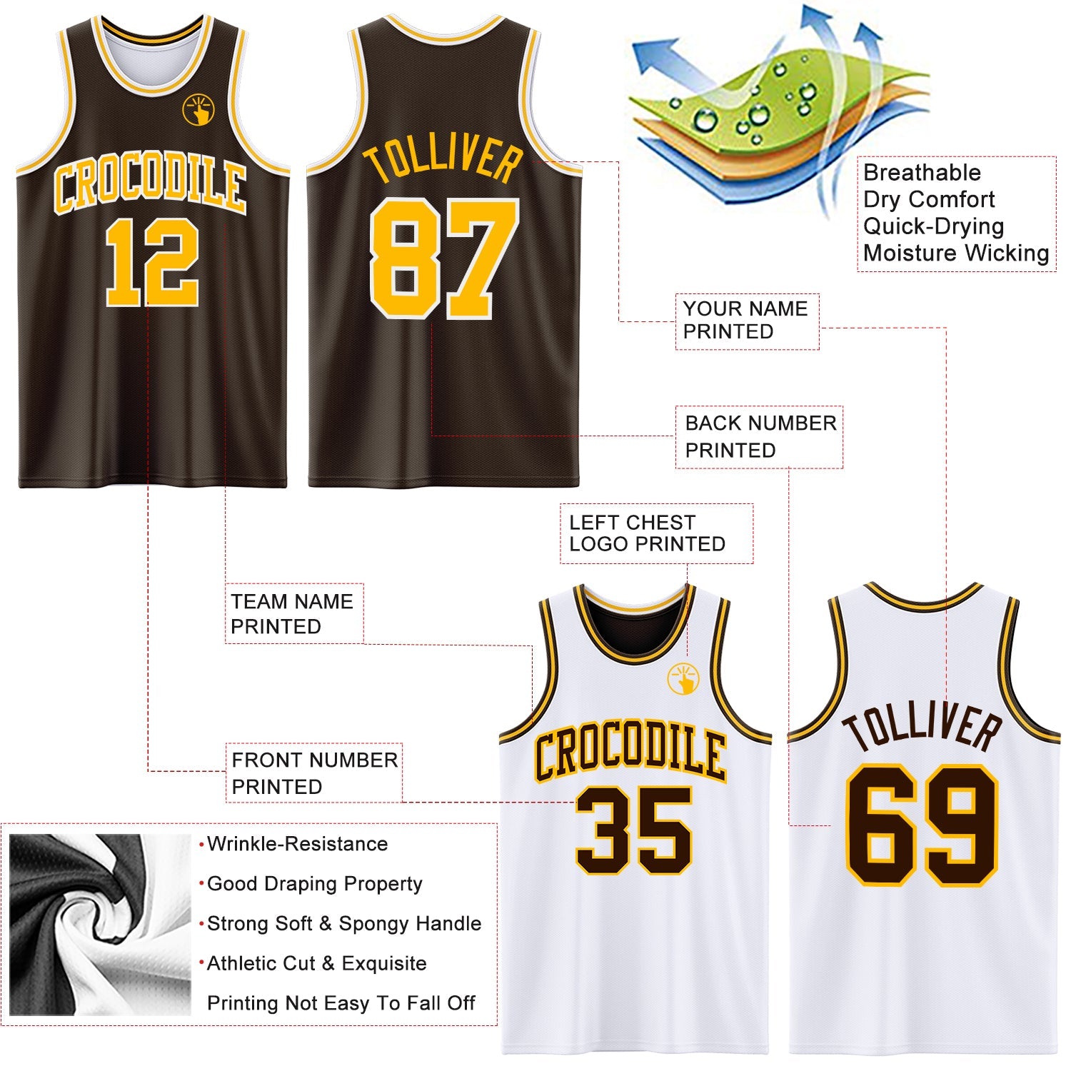 Custom Brown Gold-White Reversible Double Side Sublimation Basketball Set Jersey view 5
