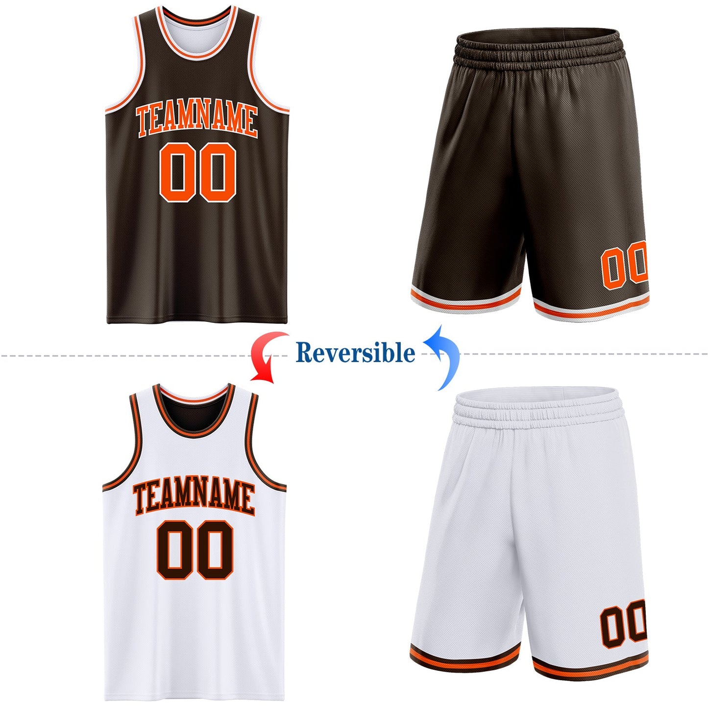Custom Brown Orange-White Reversible Double Side Sublimation Basketball Set Jersey view 2