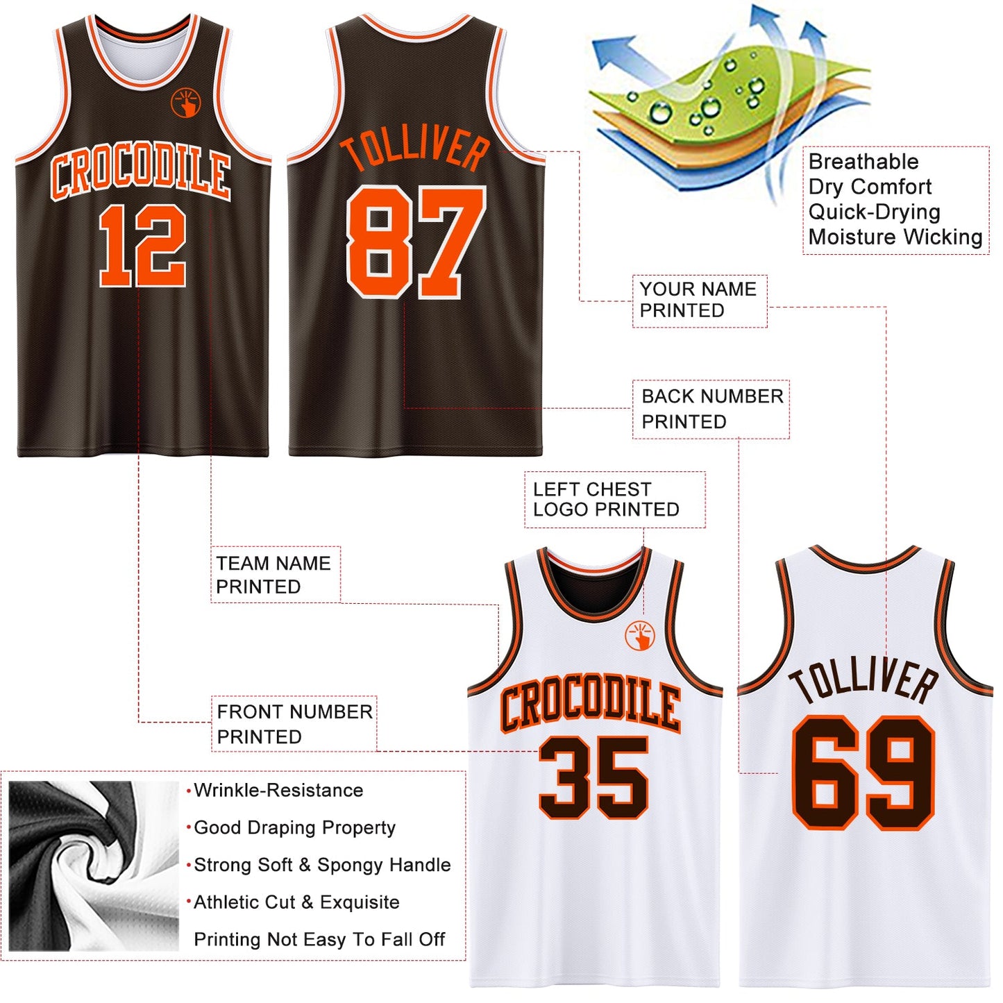 Custom Brown Orange-White Reversible Double Side Sublimation Basketball Set Jersey view 5