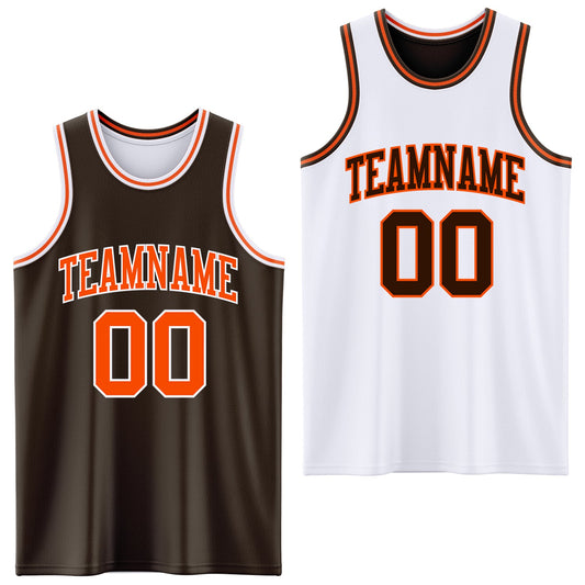 Custom Brown Orange-White Reversible Double Side Sublimation Basketball Set Jersey - Main View