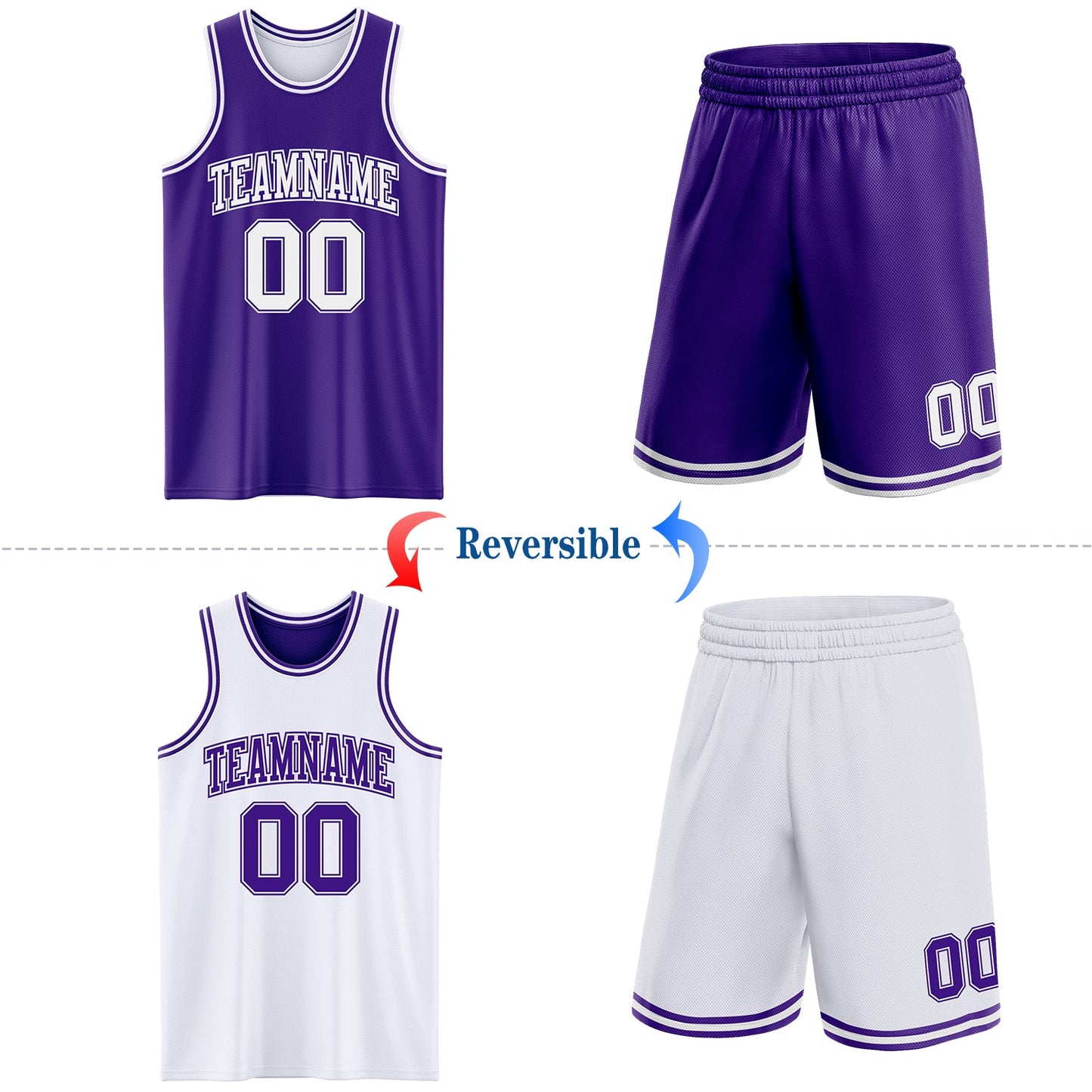 Custom Purple White Reversible Double Side Sublimation Basketball Set Jersey view 2