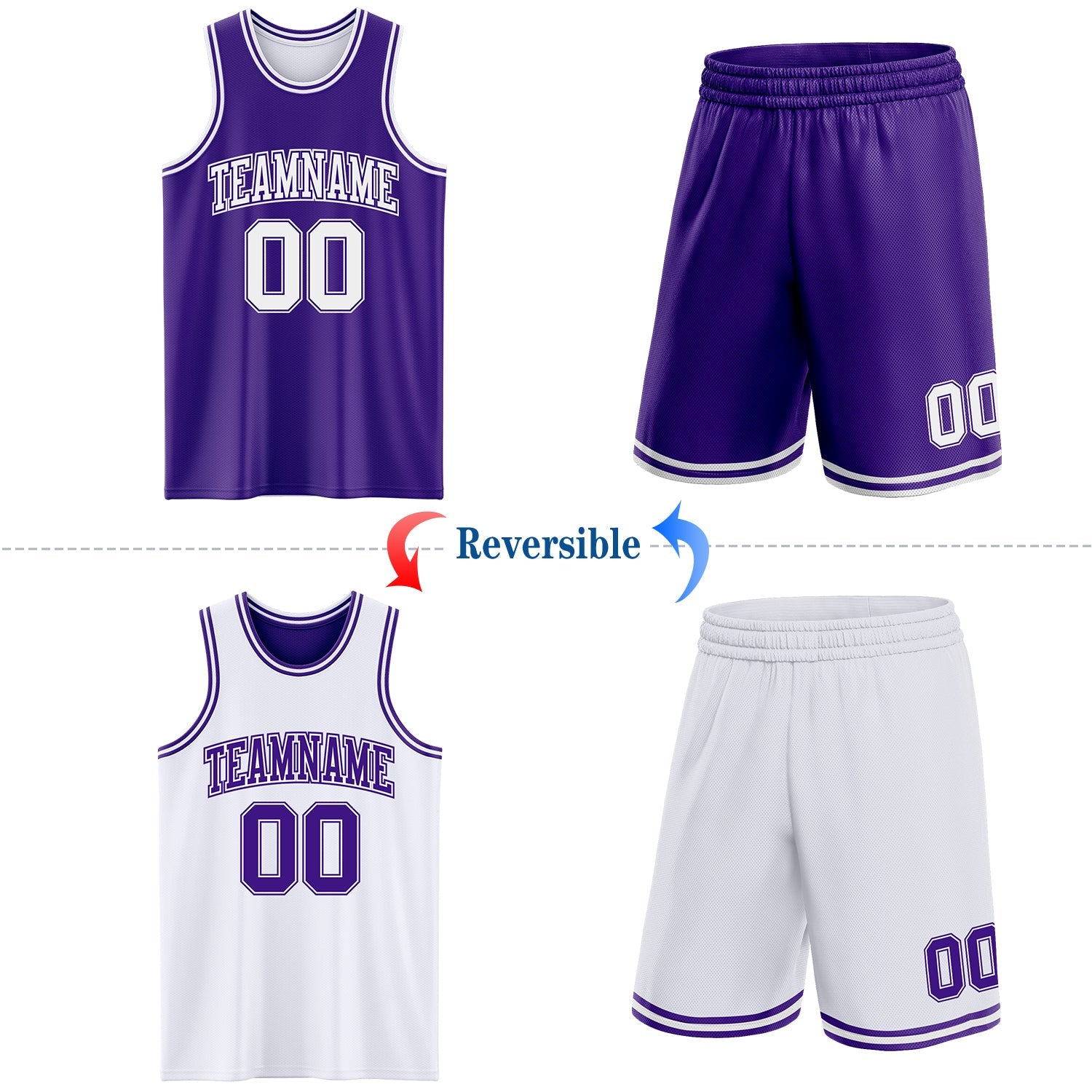 Custom Purple White Reversible Double Side Sublimation Basketball Set Jersey view 2