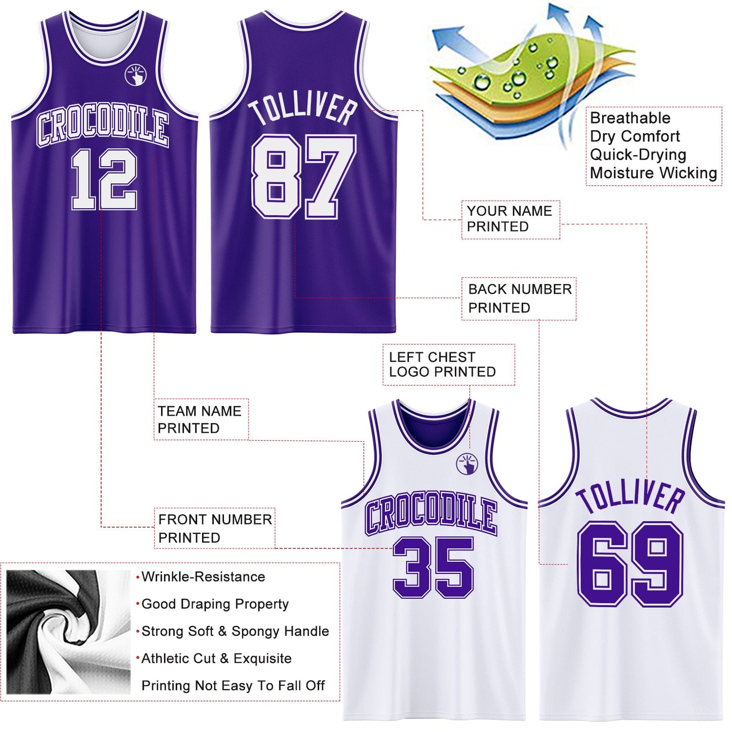 Custom Purple White Reversible Double Side Sublimation Basketball Set Jersey view 5