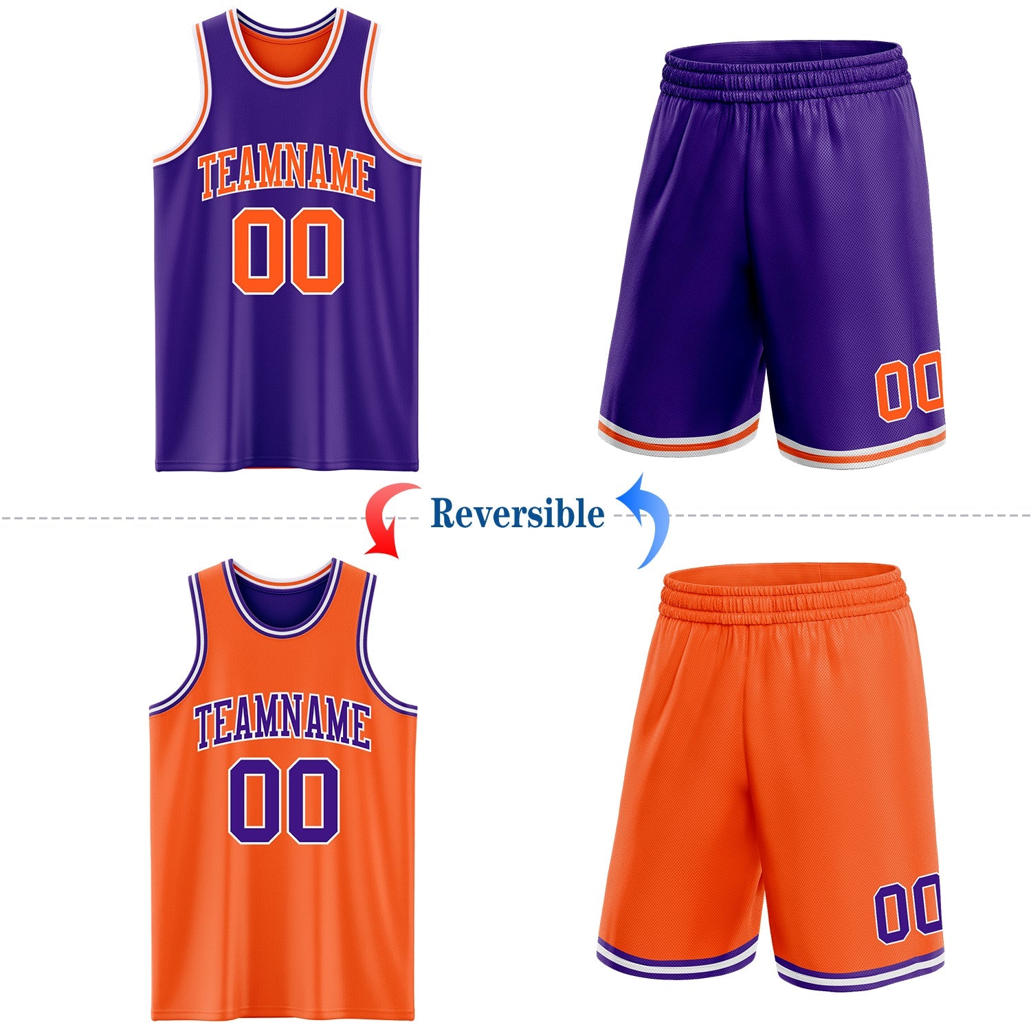 Custom Purple Orange-White Reversible Double Side Sublimation Basketball Set Jersey view 2