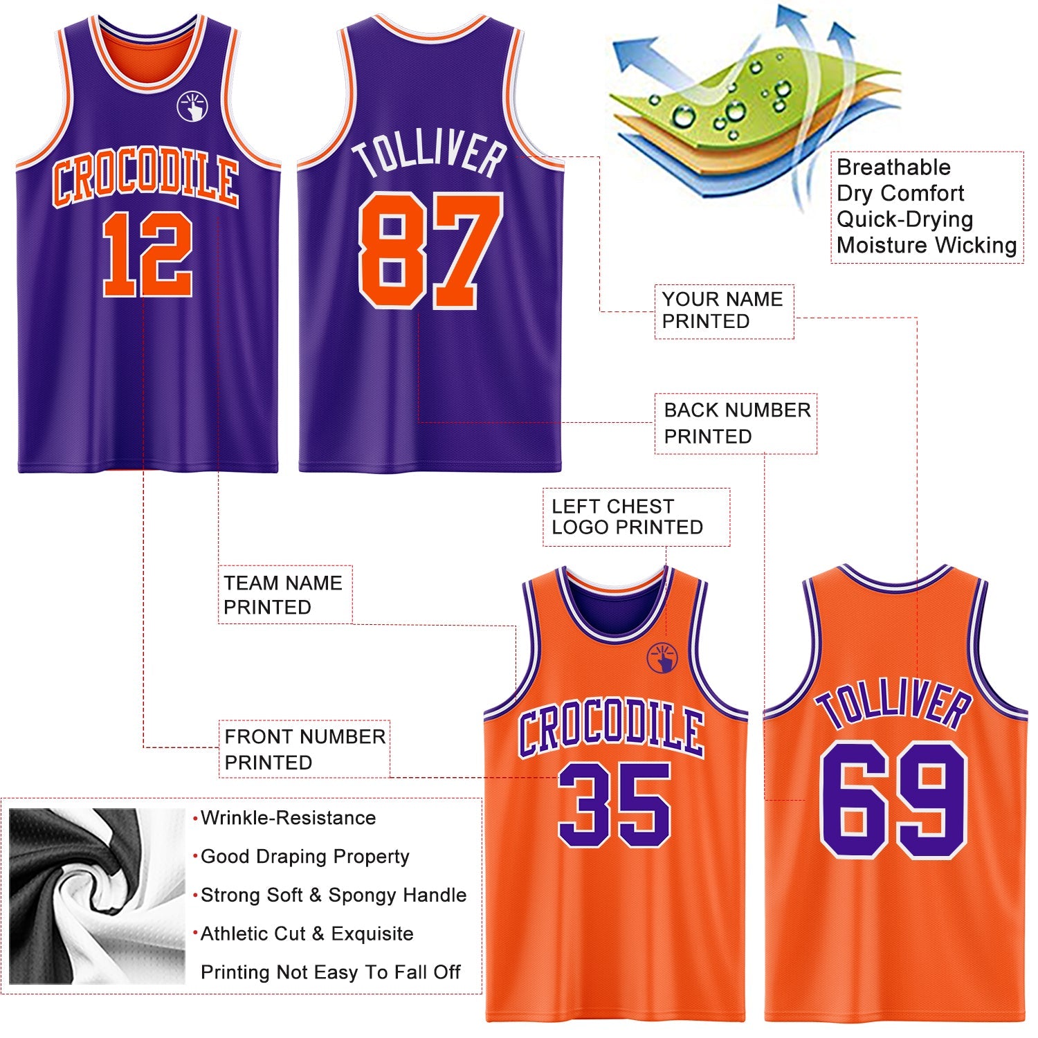 Custom Purple Orange-White Reversible Double Side Sublimation Basketball Set Jersey view 5