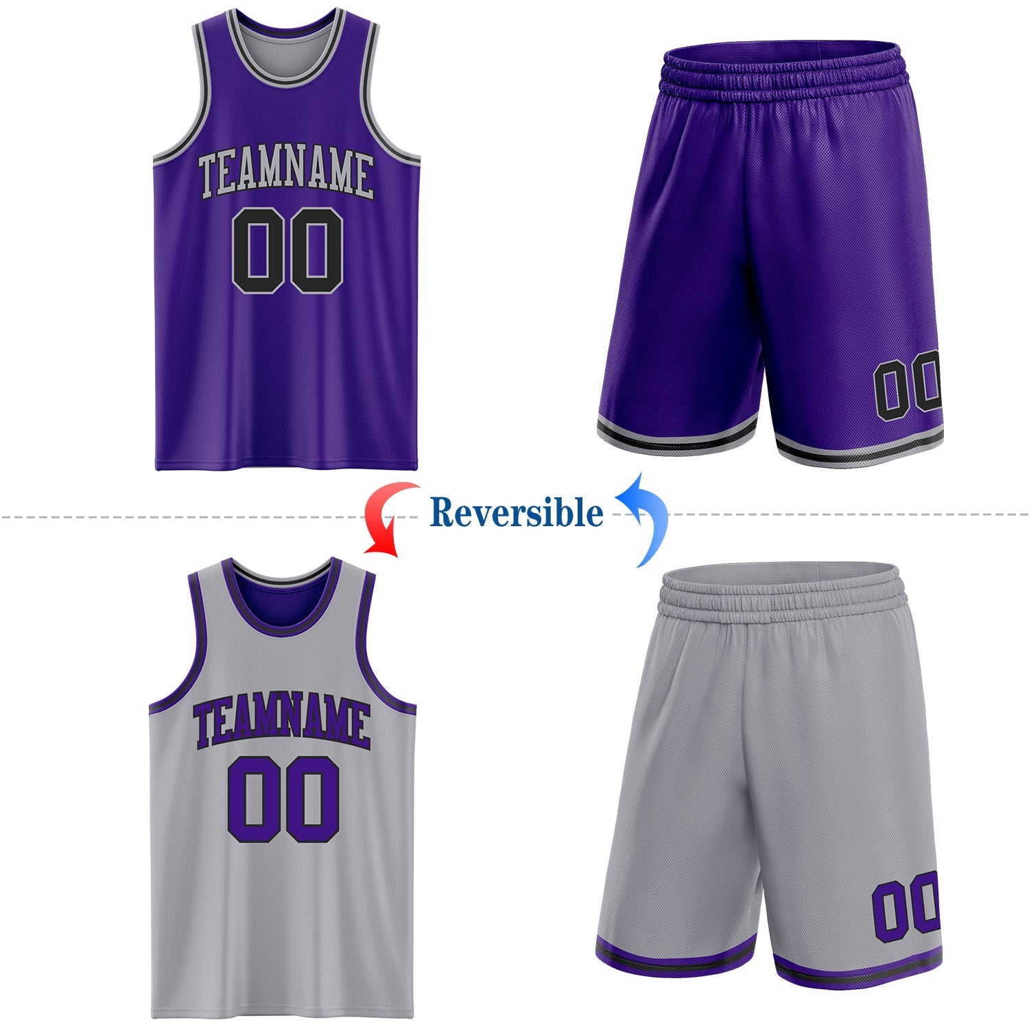 Custom Purple Black-Gray Reversible Double Side Sublimation Basketball Set Jersey view 2