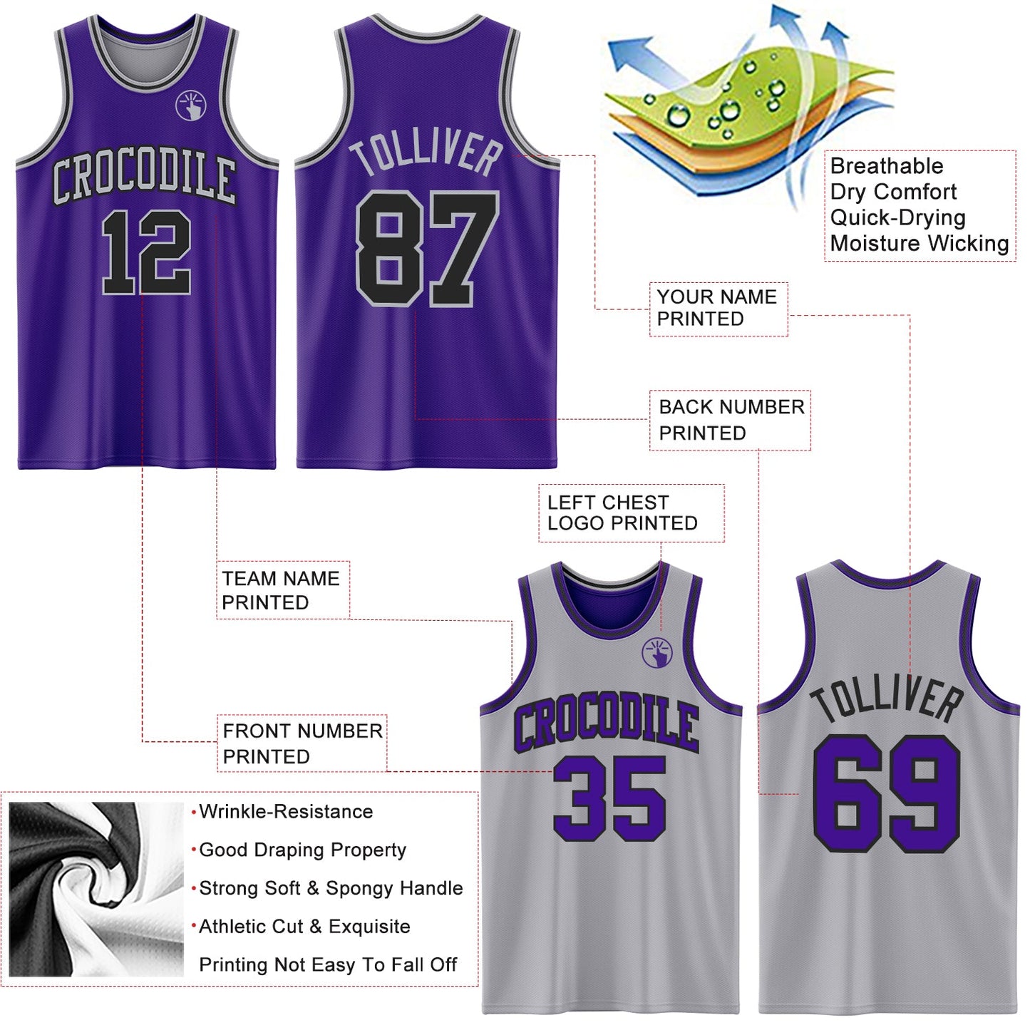Custom Purple Black-Gray Reversible Double Side Sublimation Basketball Set Jersey view 5