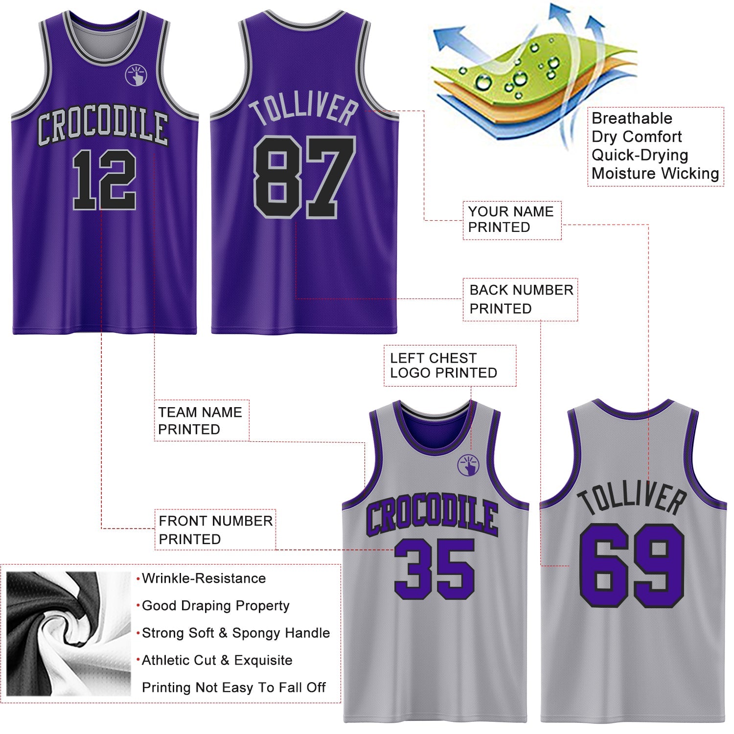 Custom Purple Black-Gray Reversible Double Side Sublimation Basketball Set Jersey view 5