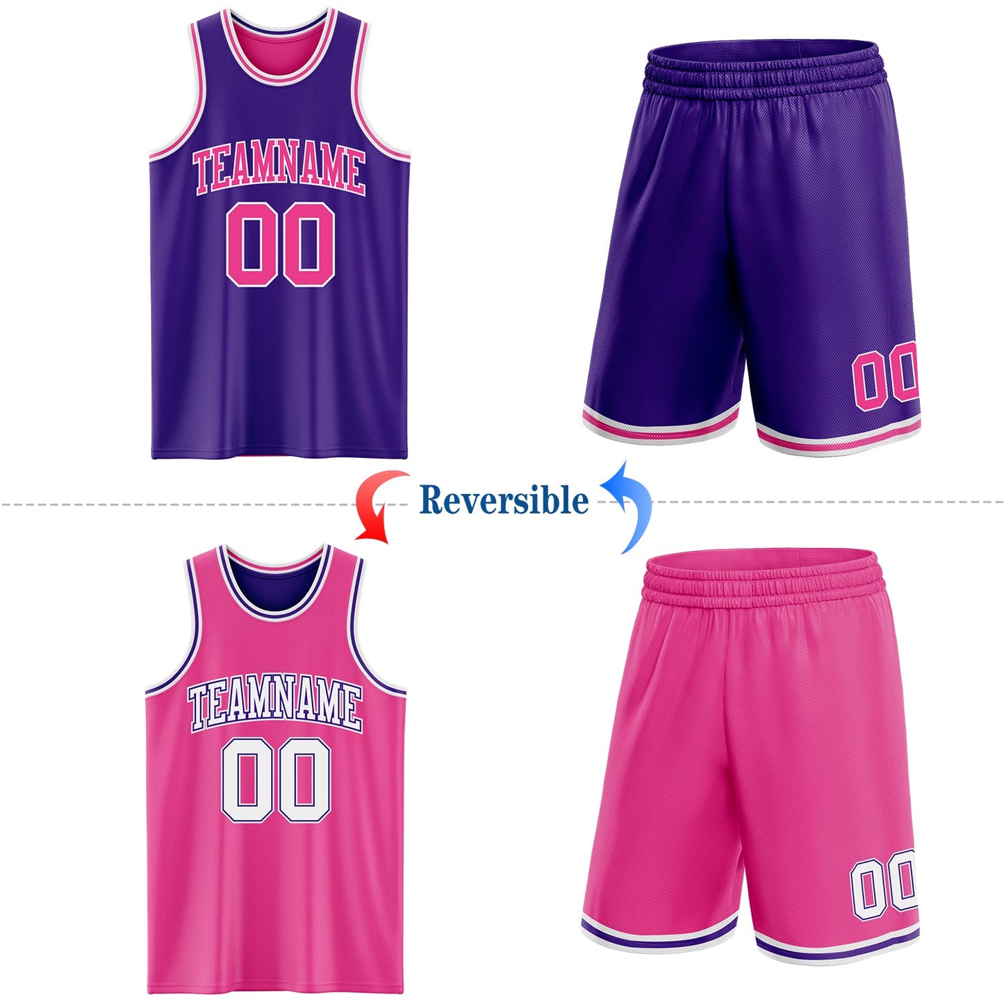 Custom Purple Pink-White Reversible Double Side Sublimation Basketball Set Jersey view 2