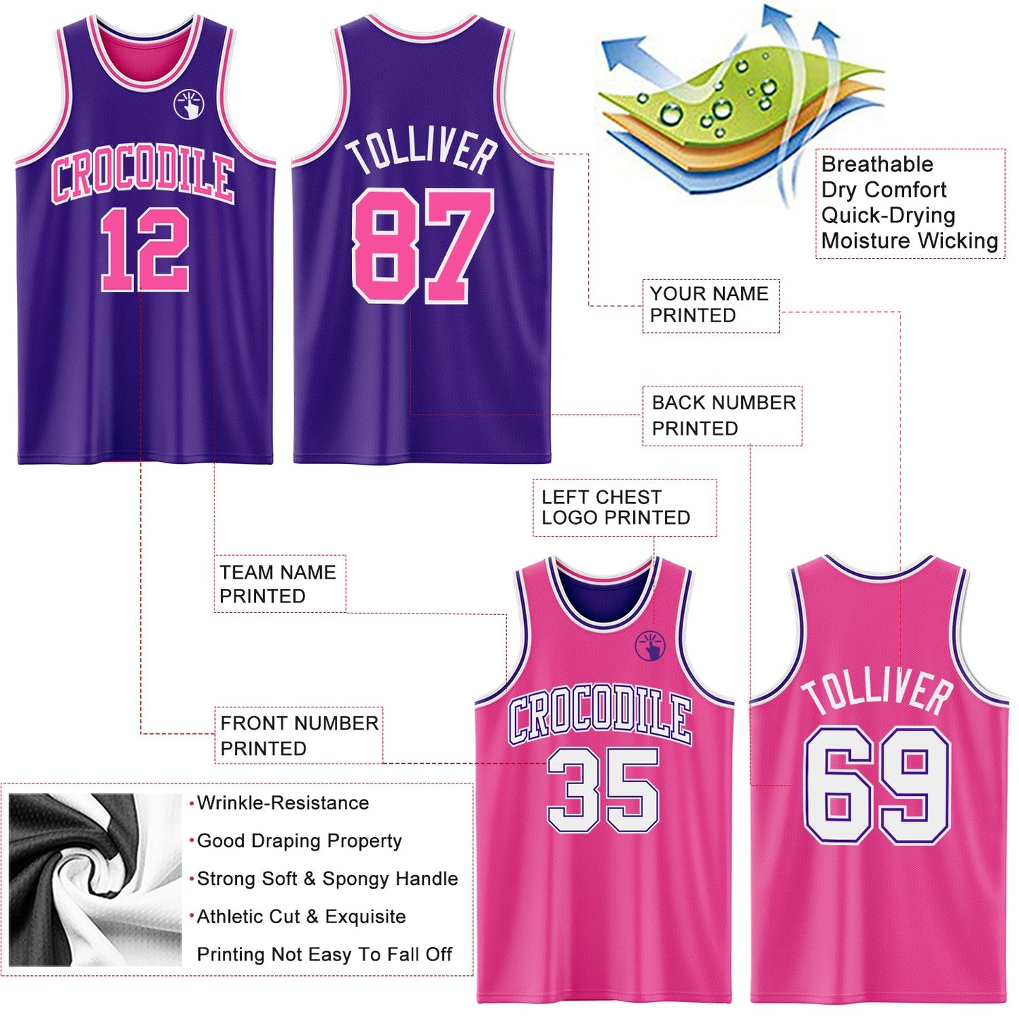Custom Purple Pink-White Reversible Double Side Sublimation Basketball Set Jersey view 5