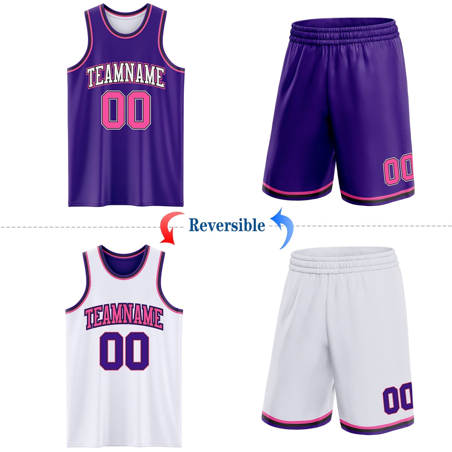 Custom Purple Pink Black-White Reversible Double Side Sublimation Basketball Set Jersey view 2