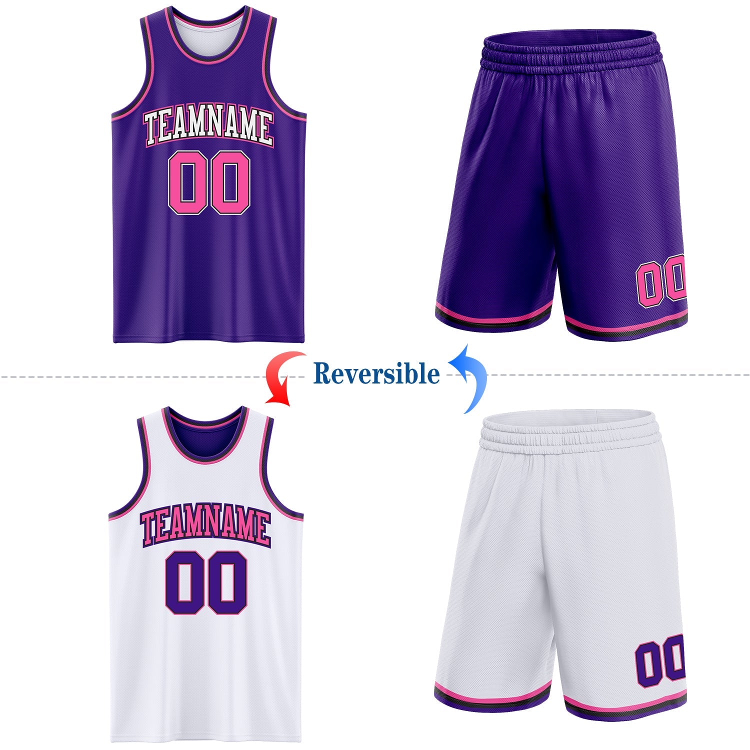 Custom Purple Pink Black-White Reversible Double Side Sublimation Basketball Set Jersey view 2