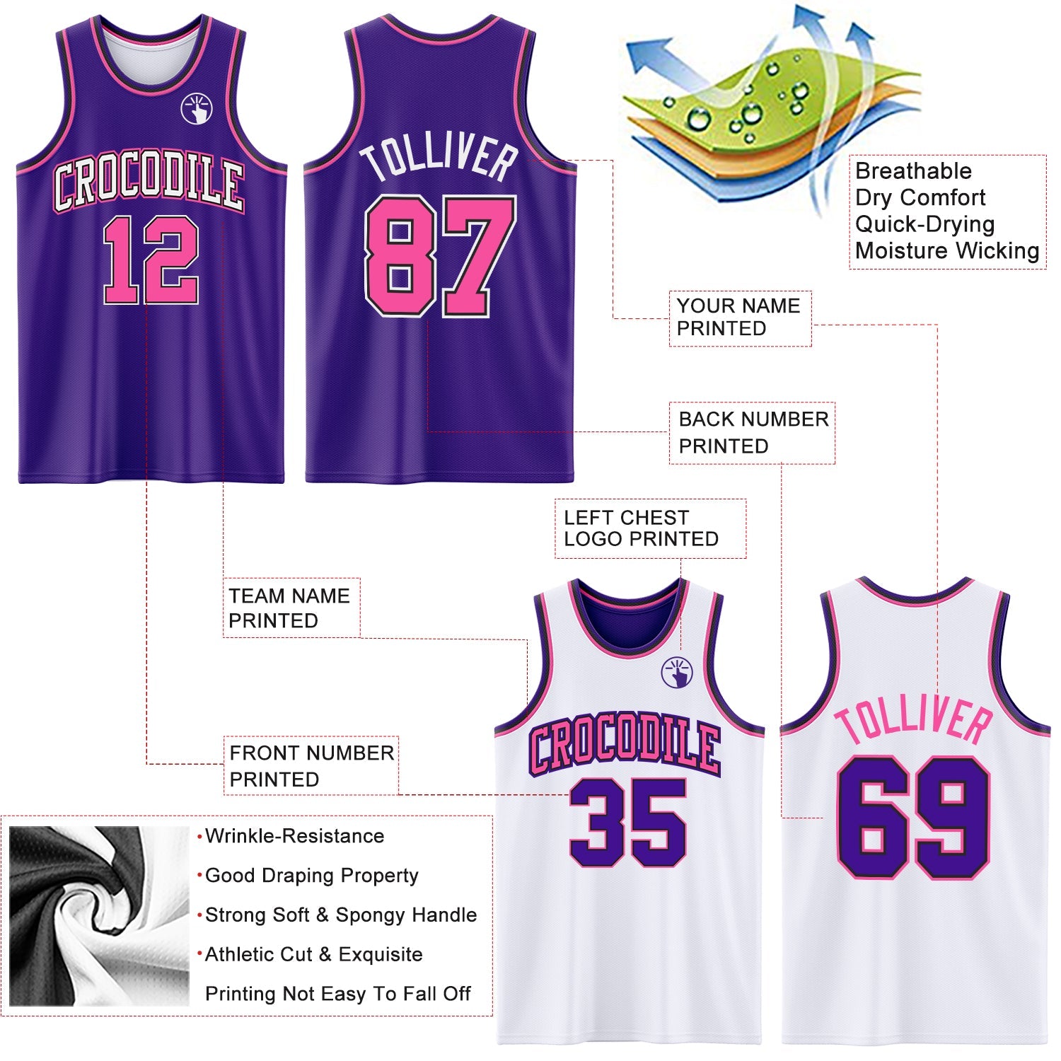 Custom Purple Pink Black-White Reversible Double Side Sublimation Basketball Set Jersey view 5