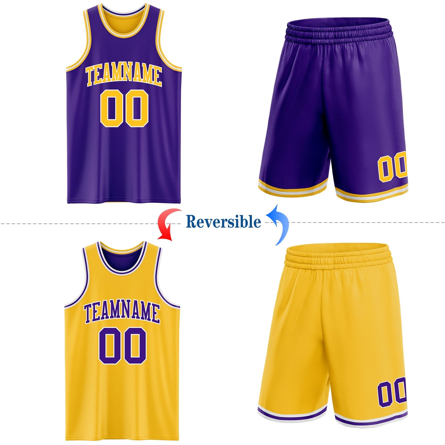 Custom Purple Gold-White Reversible Double Side Sublimation Basketball Set Jersey view 2