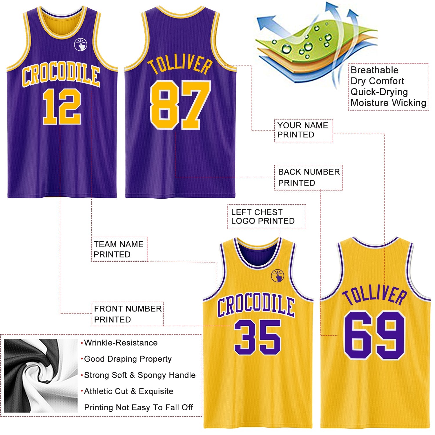 Custom Purple Gold-White Reversible Double Side Sublimation Basketball Set Jersey view 5