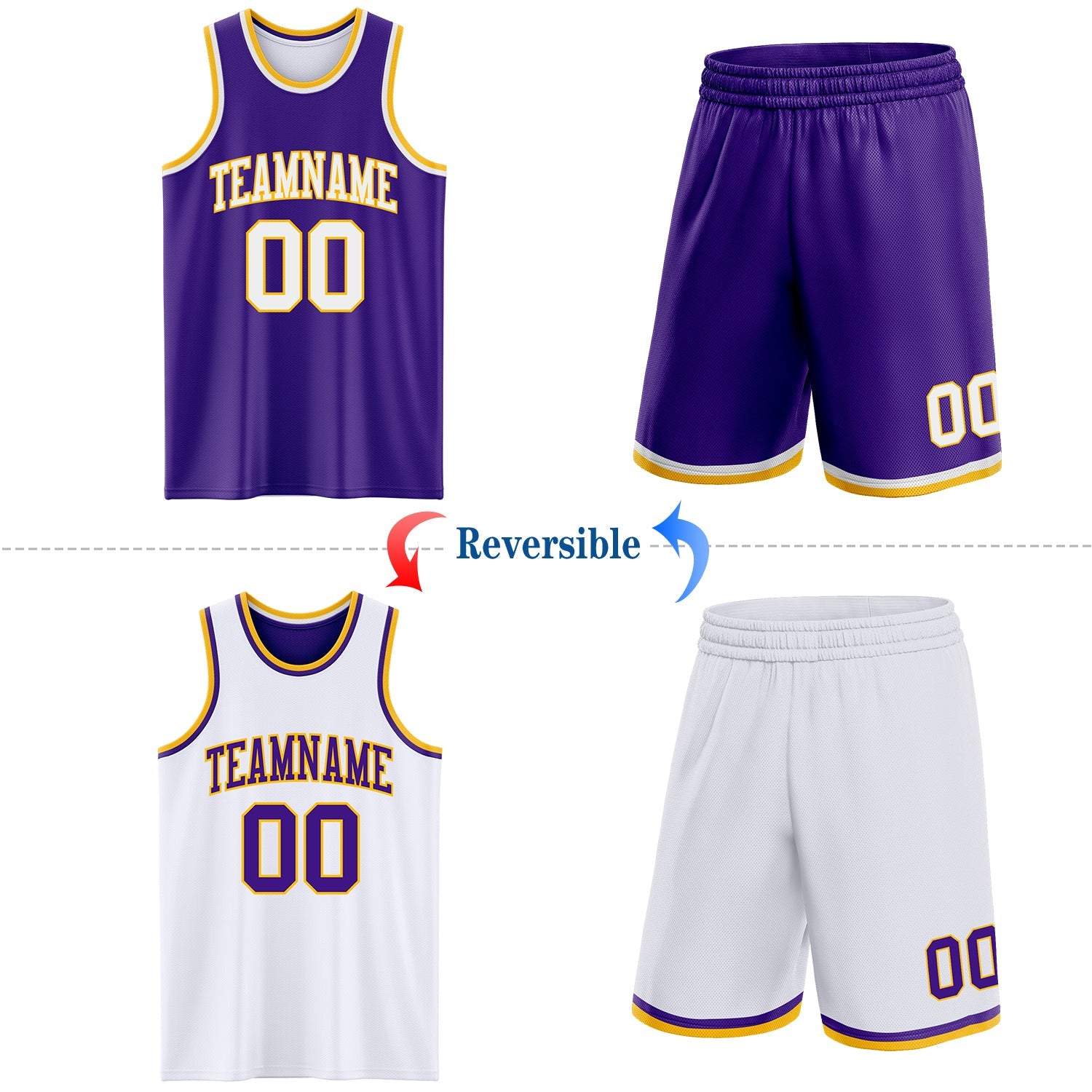 Custom Purple White-Gold Reversible Double Side Sublimation Basketball Set Jersey view 2
