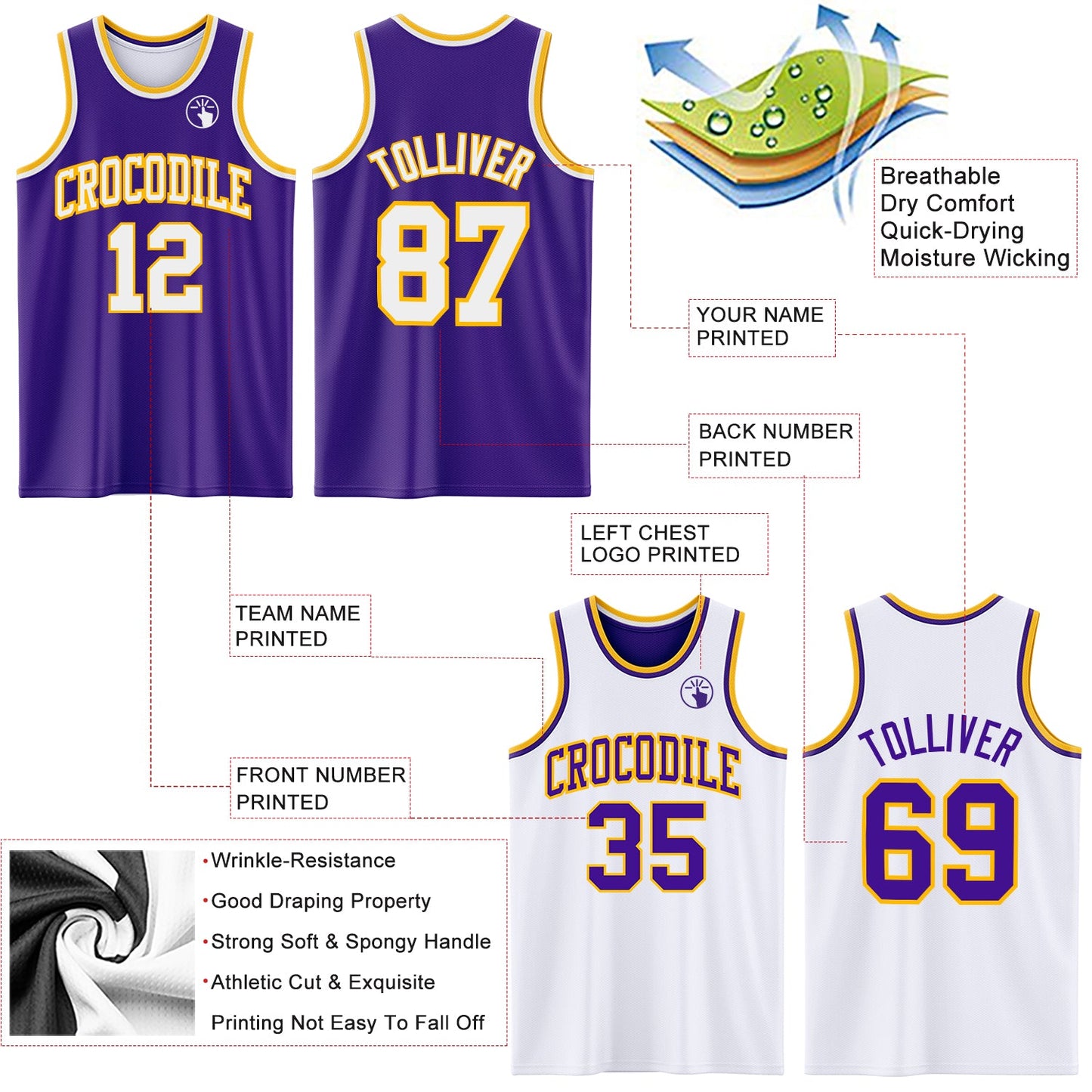 Custom Purple White-Gold Reversible Double Side Sublimation Basketball Set Jersey view 5