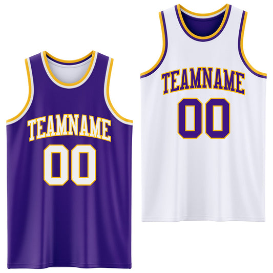 Custom Purple White-Gold Reversible Double Side Sublimation Basketball Set Jersey - Main View