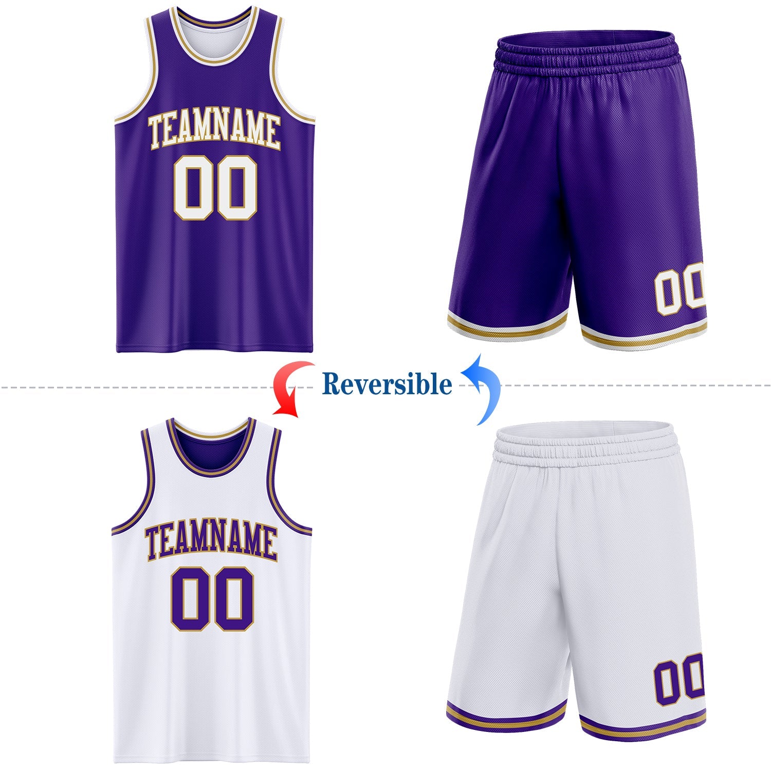 Custom Purple White-Old Gold Reversible Double Side Sublimation Basketball Set Jersey view 2