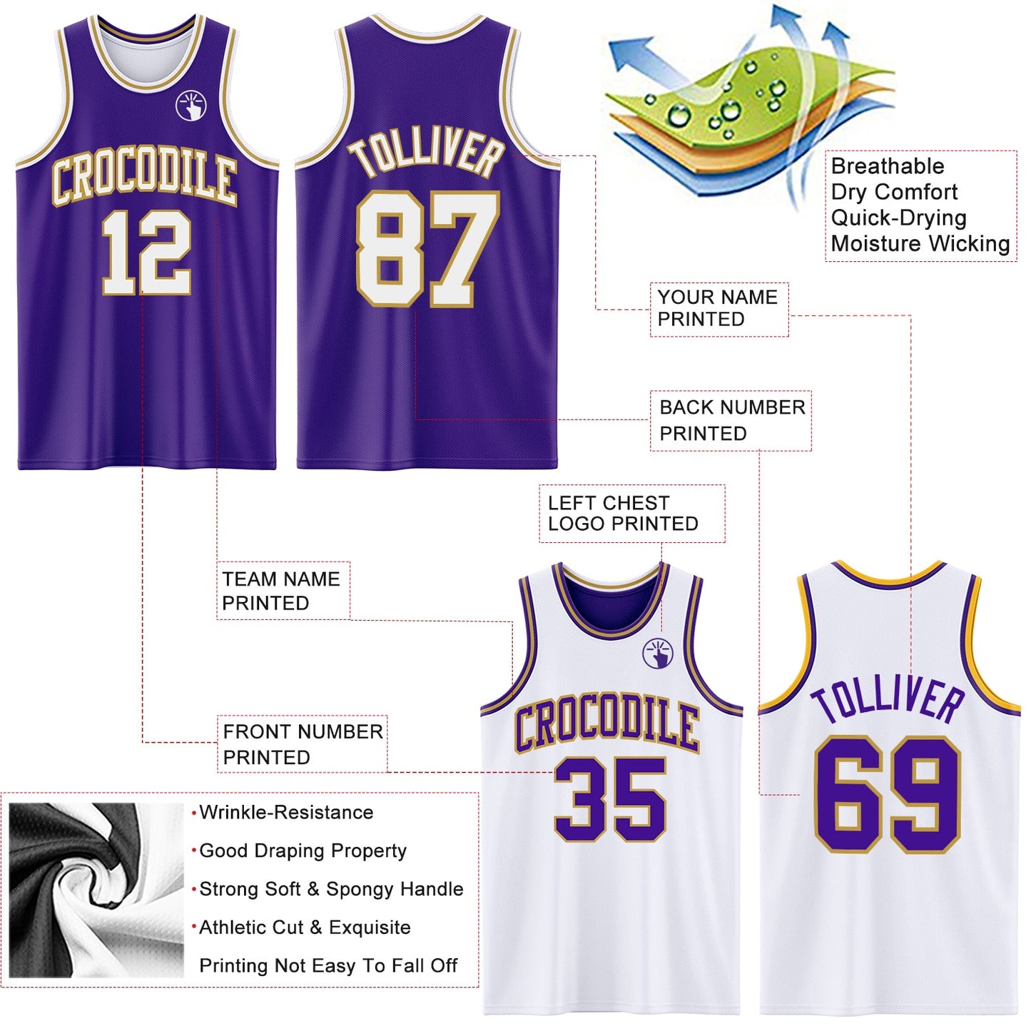 Custom Purple White-Old Gold Reversible Double Side Sublimation Basketball Set Jersey view 5