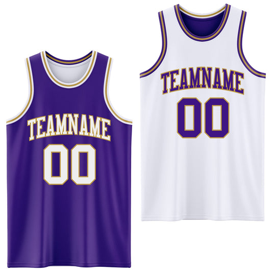 Custom Purple White-Old Gold Reversible Double Side Sublimation Basketball Set Jersey - Main View