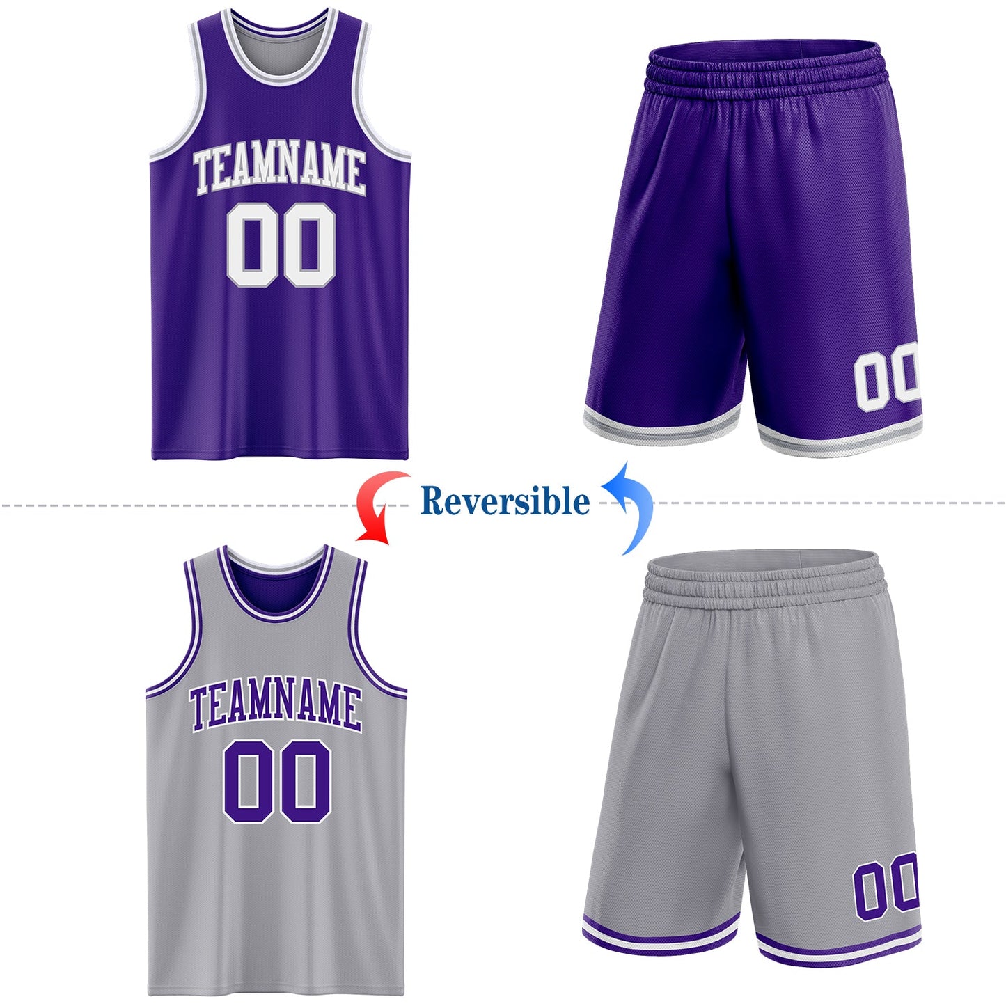 Custom Purple White-Gray Reversible Double Side Sublimation Basketball Set Jersey view 2